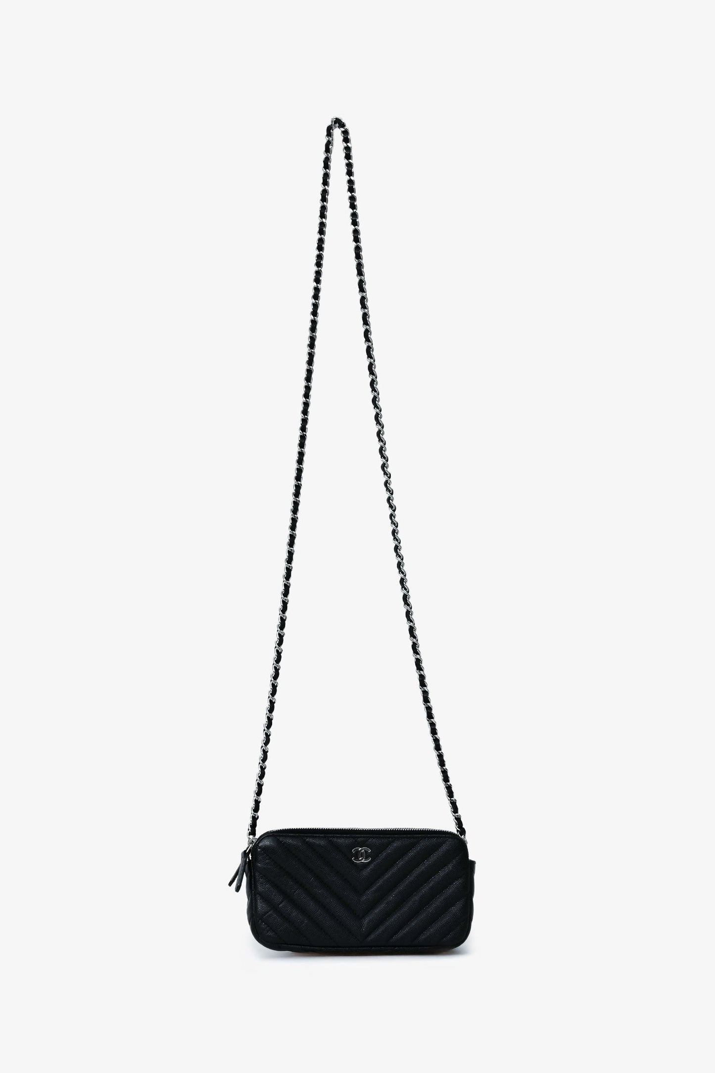 Chanel™ 2017/18 Black Caviar Chevron Double Zip Wallet On Chain