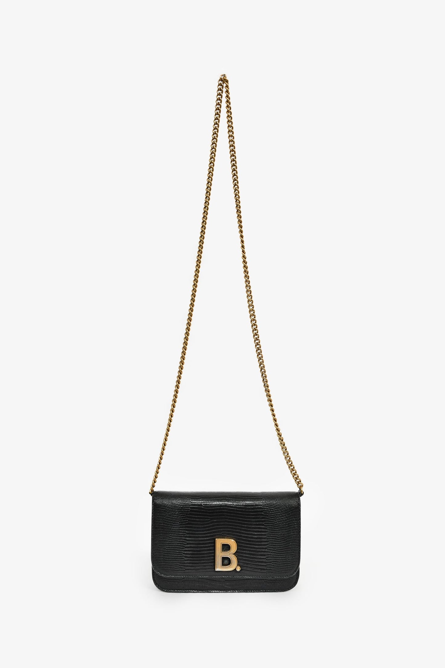 Balenciaga Black Lizard Embossed B. Logo Wallet On Chain Crossbody