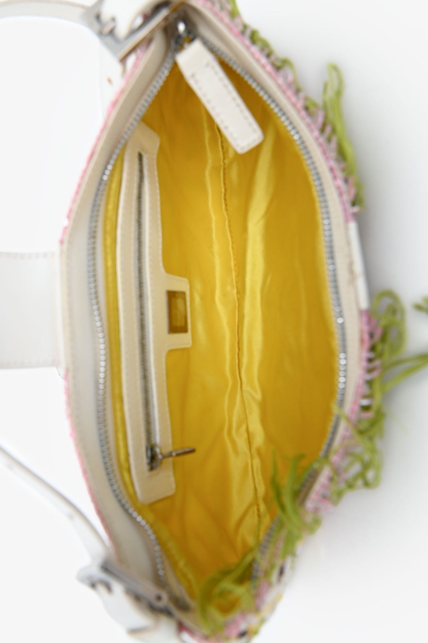 Fendi Limited Edition White/Green Fringe Beaded Embroidery Baguette Pochette