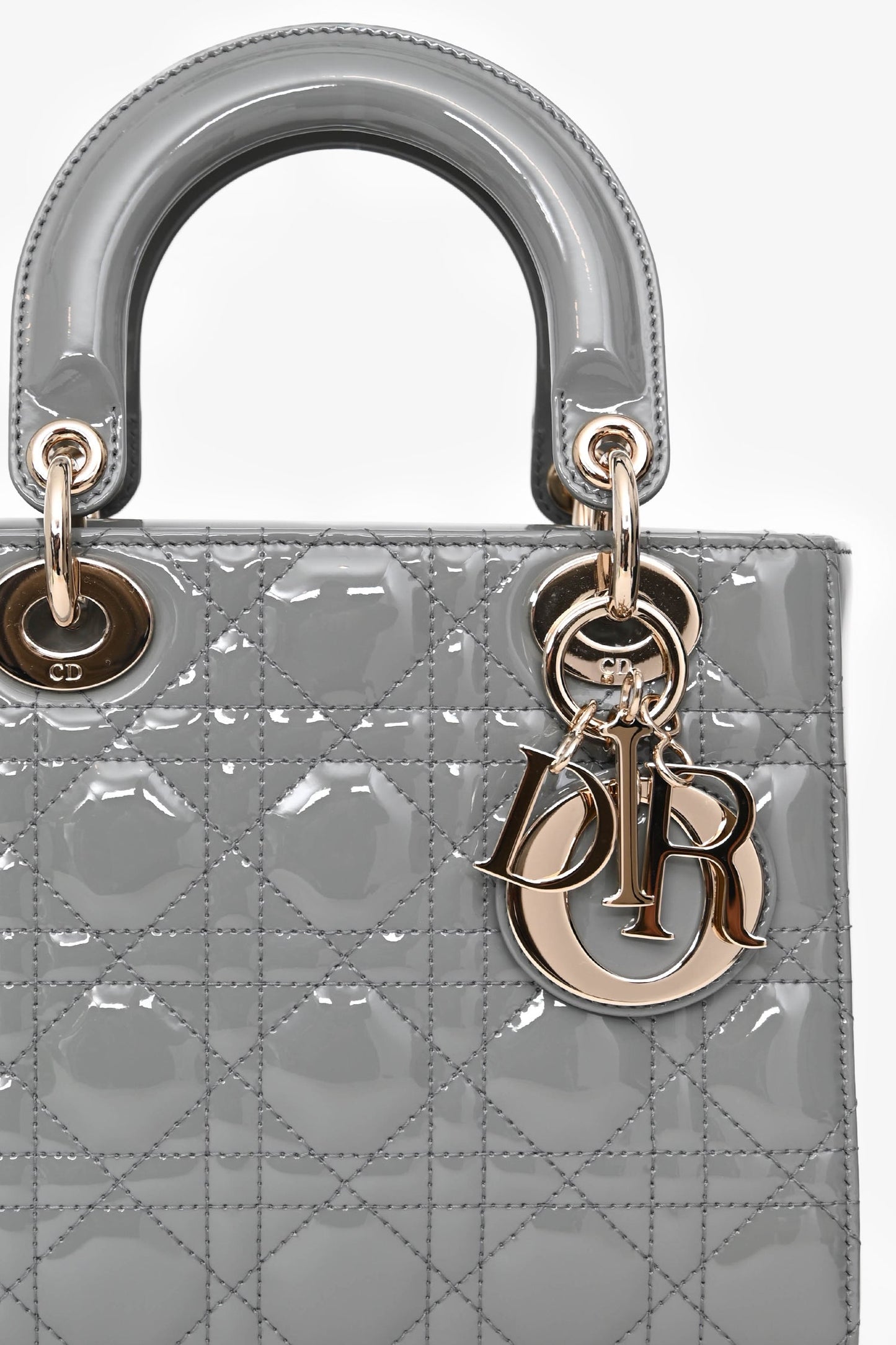 Christian Dior 2021 Grey Patent Leather Small Lady Dior Top Handle With Strap