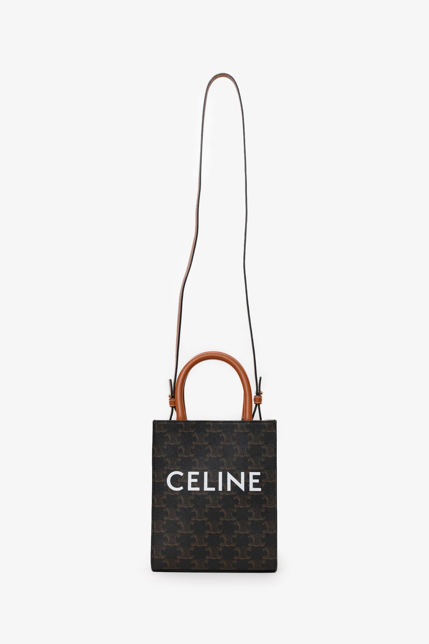 Celine 2021 Brown Canvas/Leather Mini Triomphe Vertical Cabas Tote With Strap