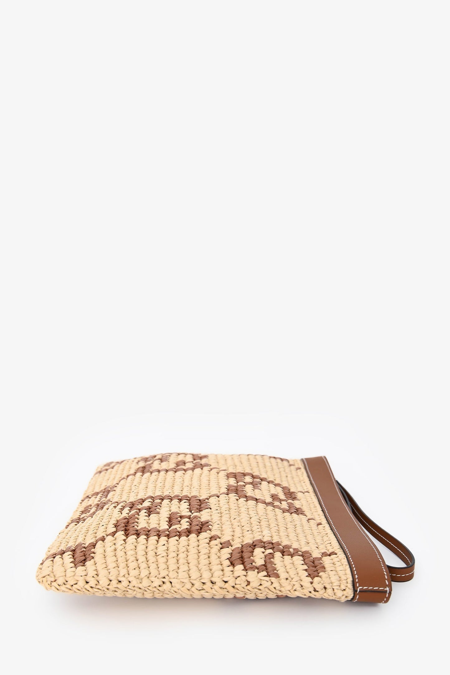 Gucci Brown Raffia Monogram Leather Trim Large Zip Wristlet