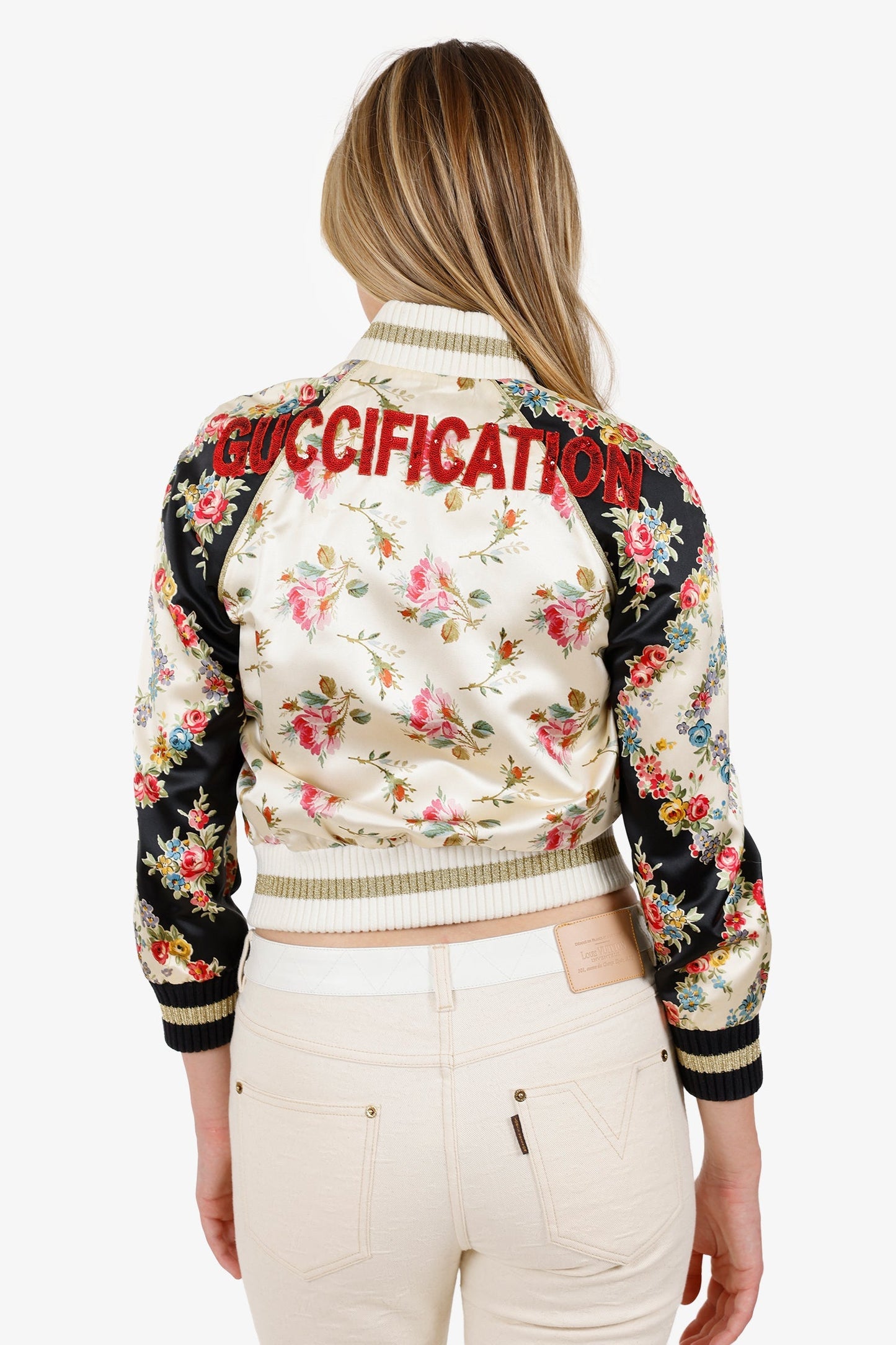 Gucci Beige/Black Silk Guccification Bomber Jacket Size 38