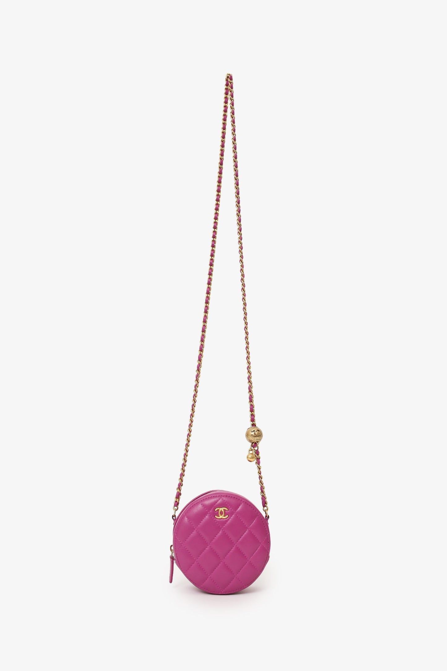 Chanel™ 2020 Pink Quilted Leather Pearl Crush Round Clutch Bag