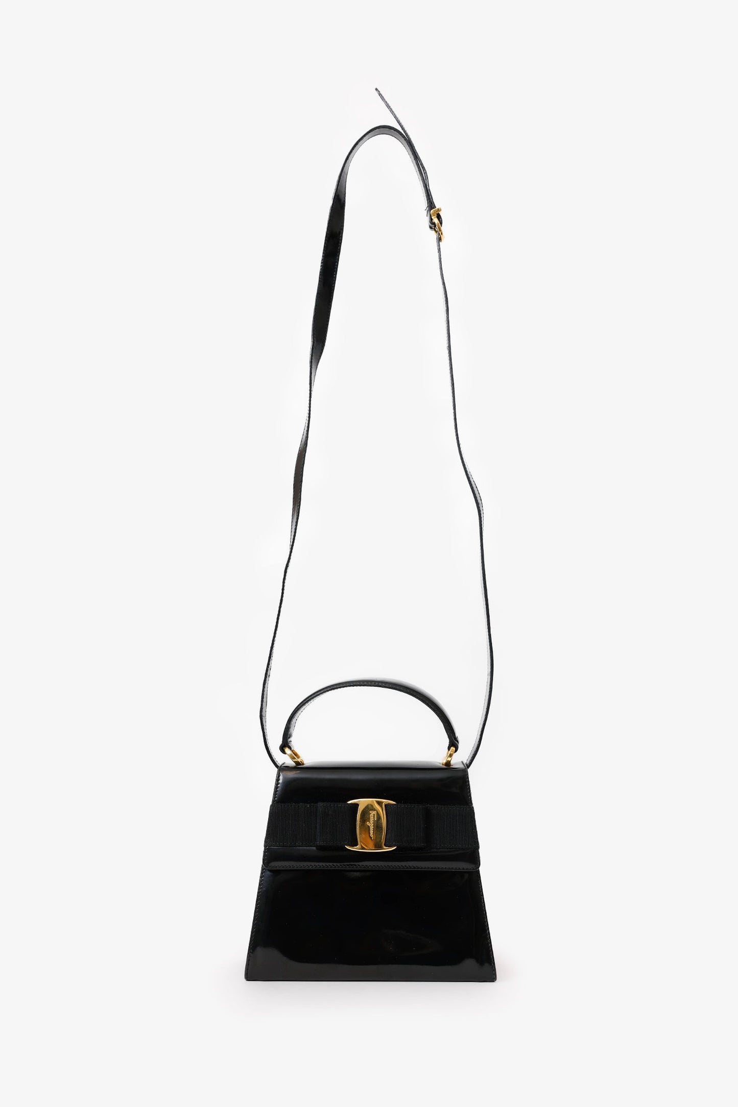 Salvatore Ferragamo Black Patent Leather Vara Bow Top Handle Bag