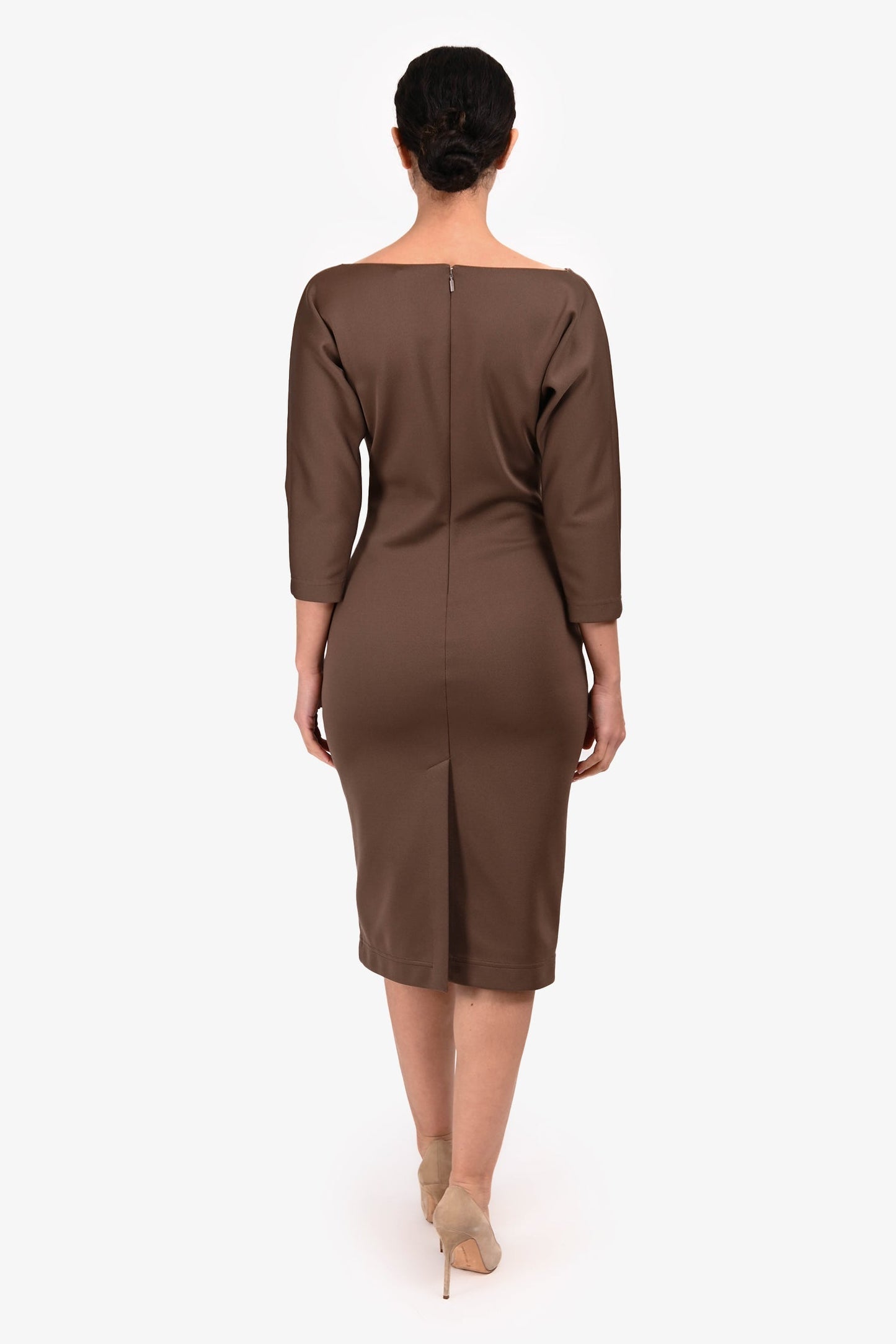 Fendi Brown 3/4 Sleeve V-Neck Midi Dress Size 40
