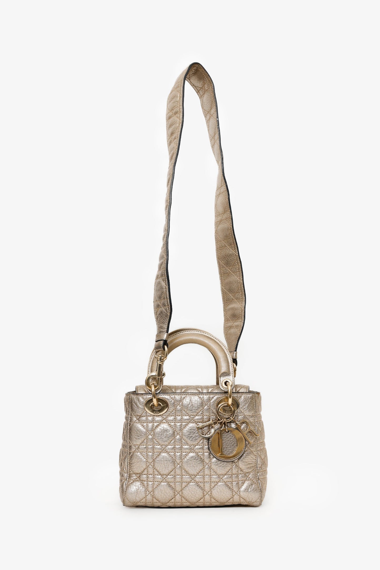 Christian Dior 2017 Gold Metallic Cannage Small Supple Lady Dior With Strap