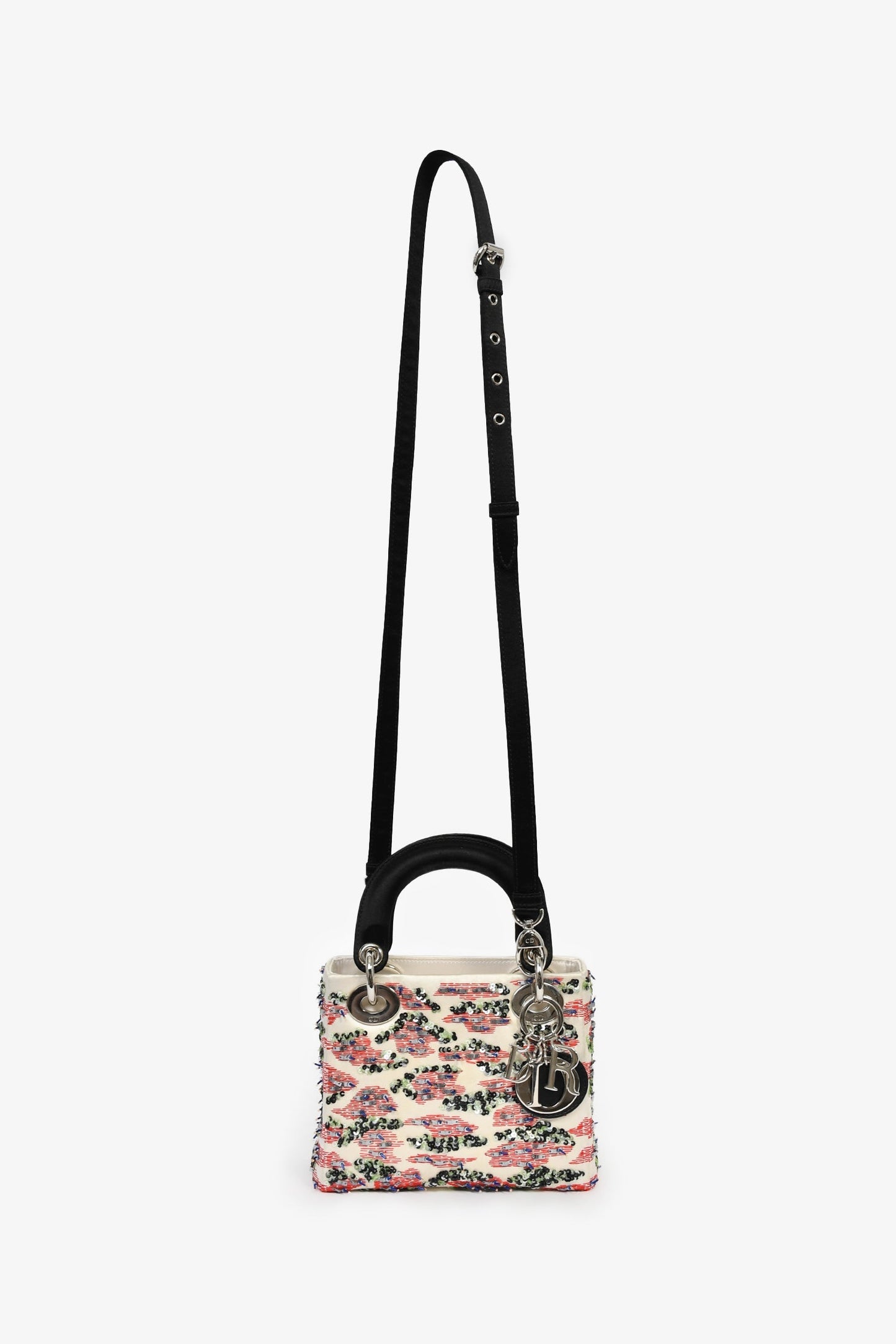 Christian Dior 2014 Cream Satin Multi Sequin Mini Lady Dior Top Handle with Strap