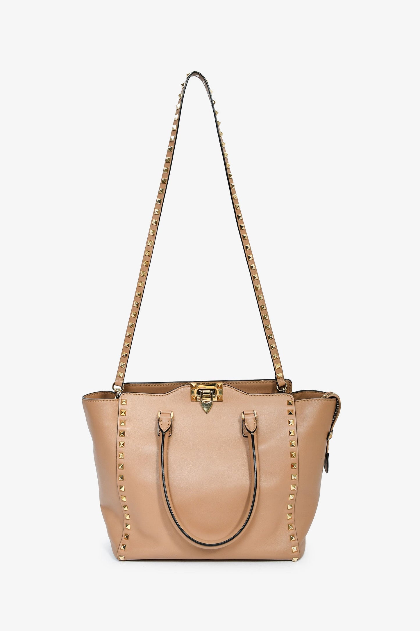 Valentino Beige Leather Small Rockstud Trapeze Tote with Strap