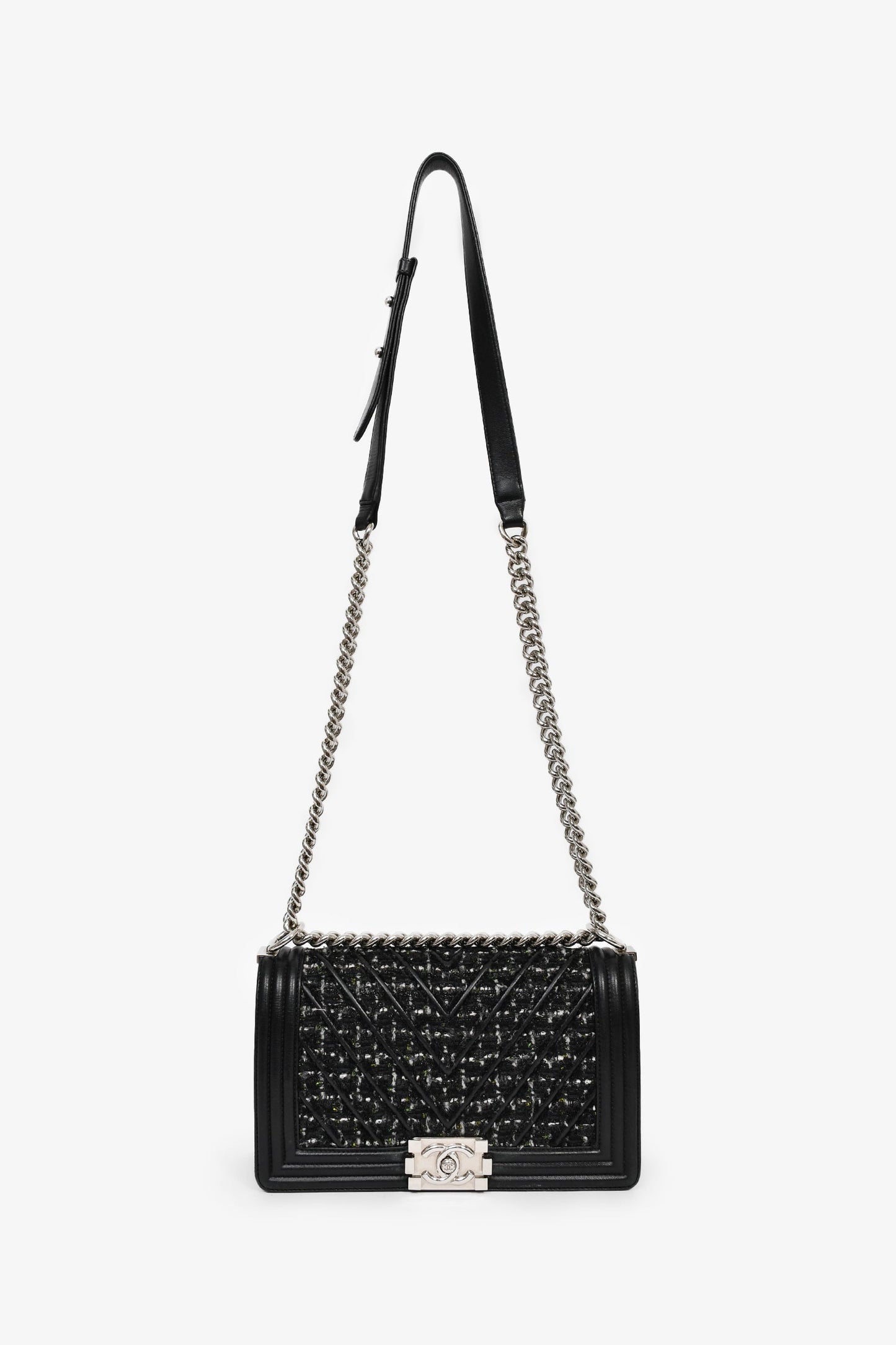 Chanel™ 2017 Black Leather Tweed Medium Boy Bag