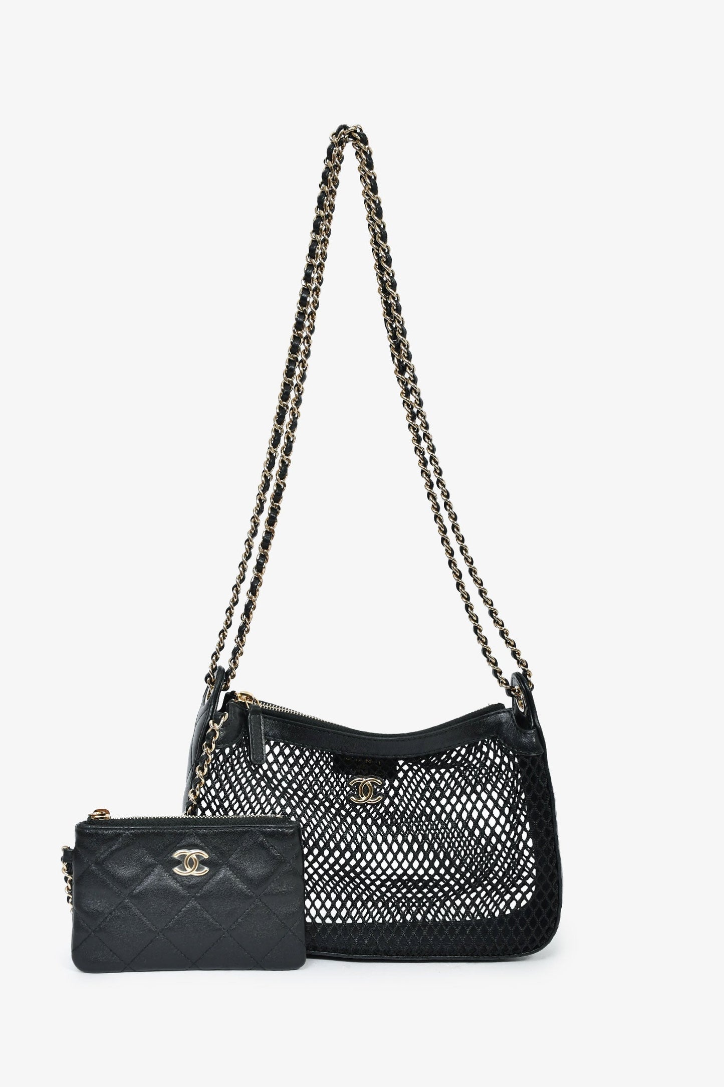 Chanel™ 2025 Black Mesh Shiny Lambskin Chain Clutch with Pouch