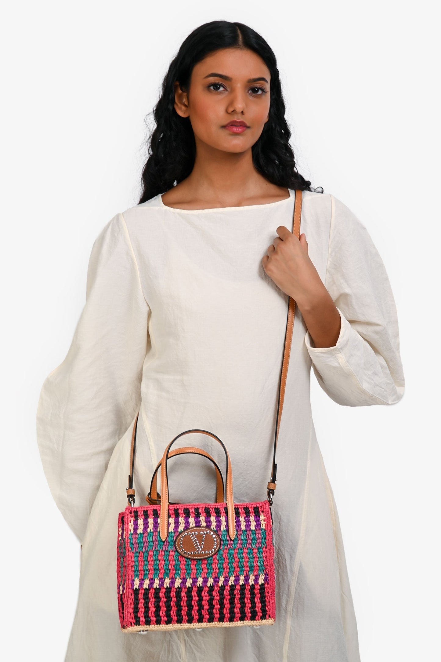 Valentino Pink/Multicolour Raffia VLogo Tote Bag with Pouch