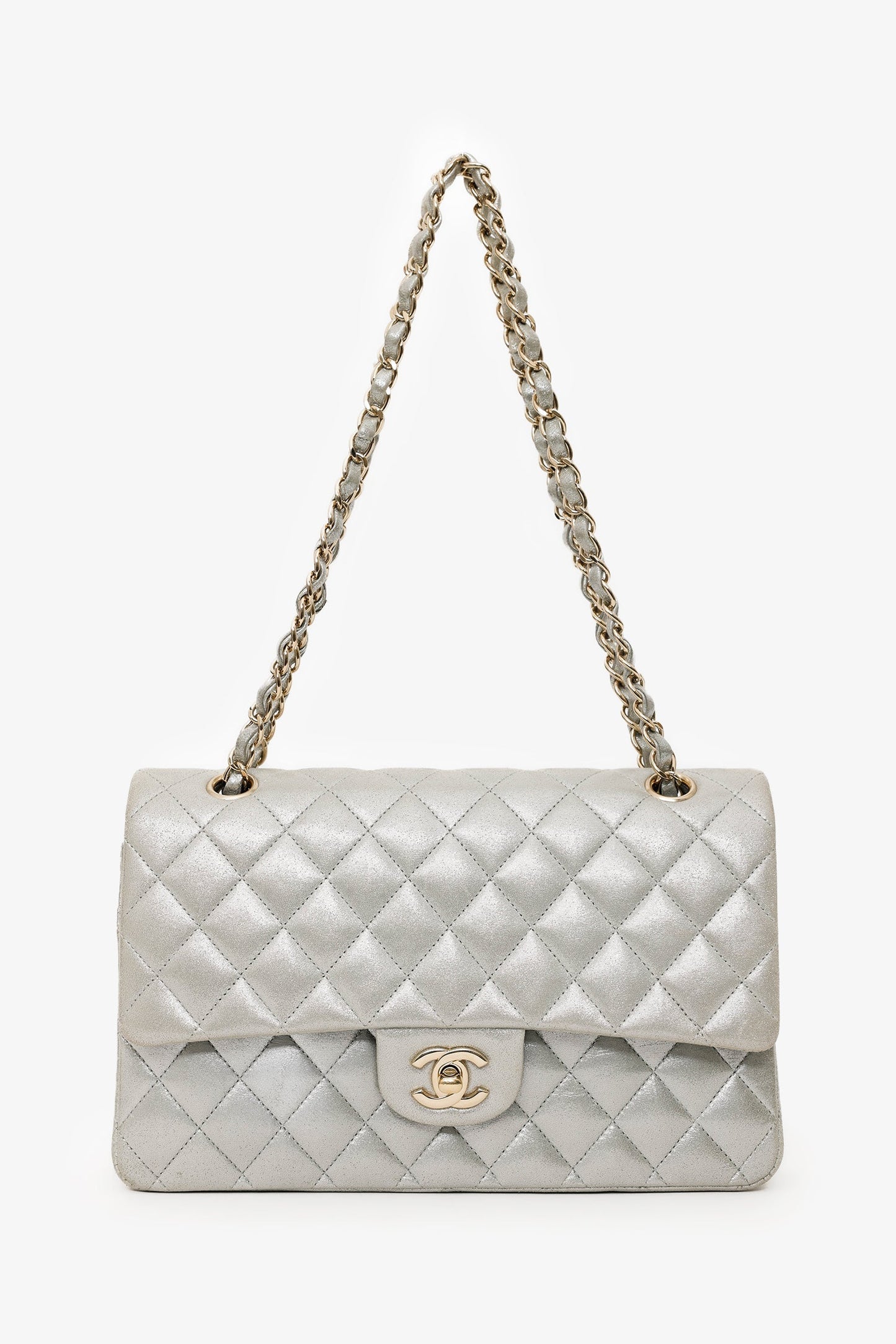 Chanel™ 2011-12 Silver Metallic Fabric Small Classic Double Flap Bag