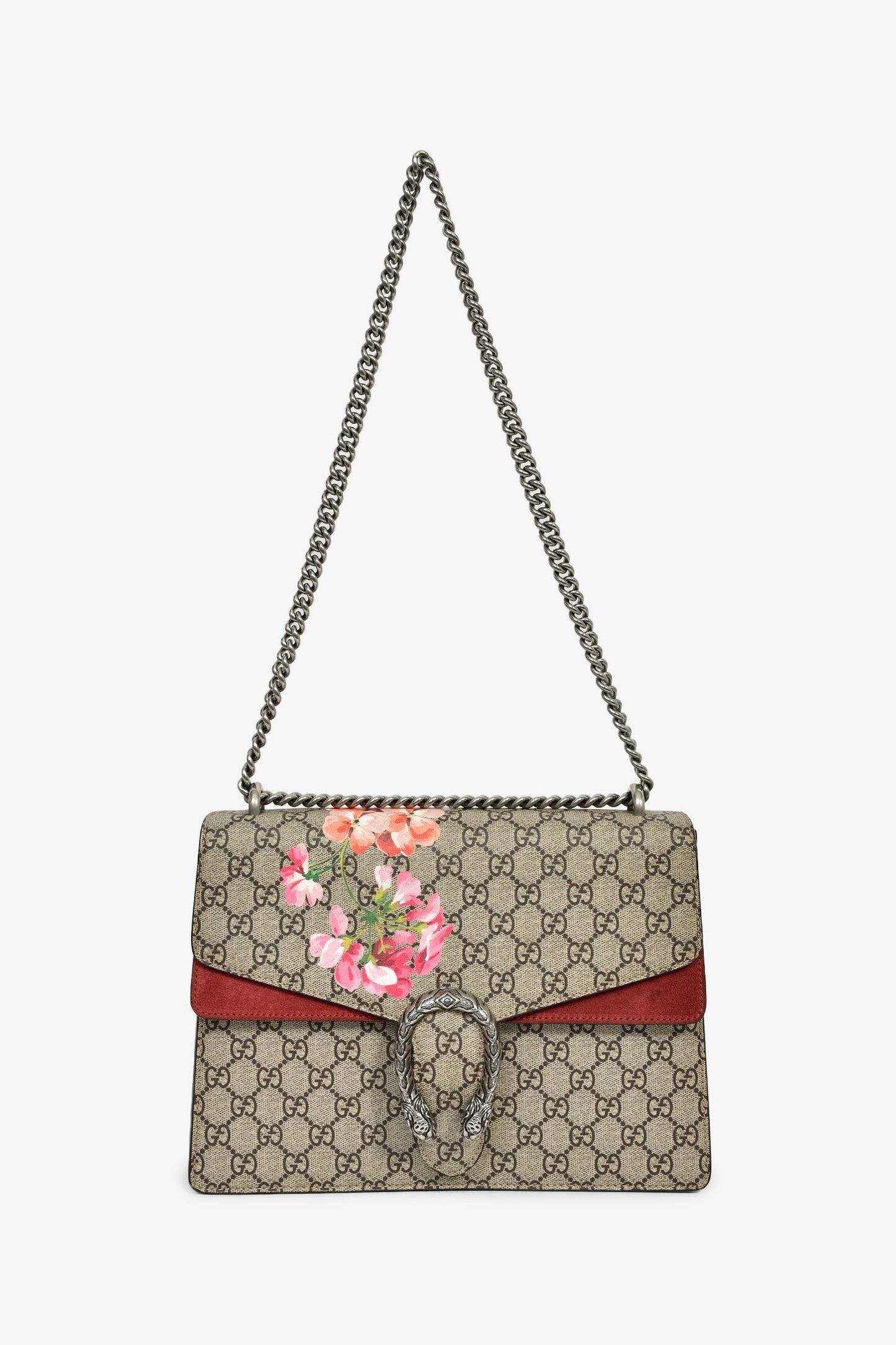 Gucci GG Supreme Blooms Canvas/Burgundy Suede Dionysus Medium Shoulder Bag