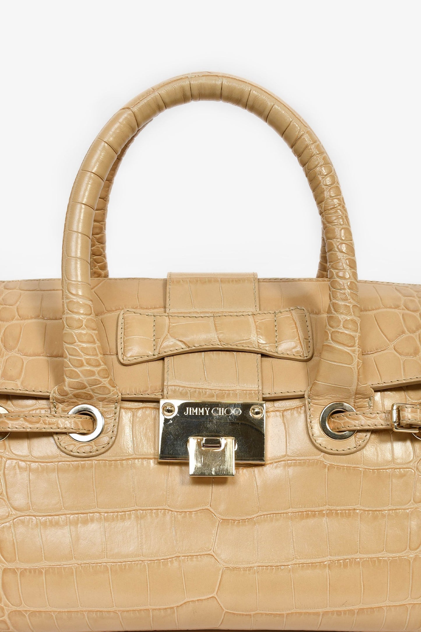 Jimmy Choo Beige Croc Embossed Small 'Rosalie' Top Handle Bag with Strap