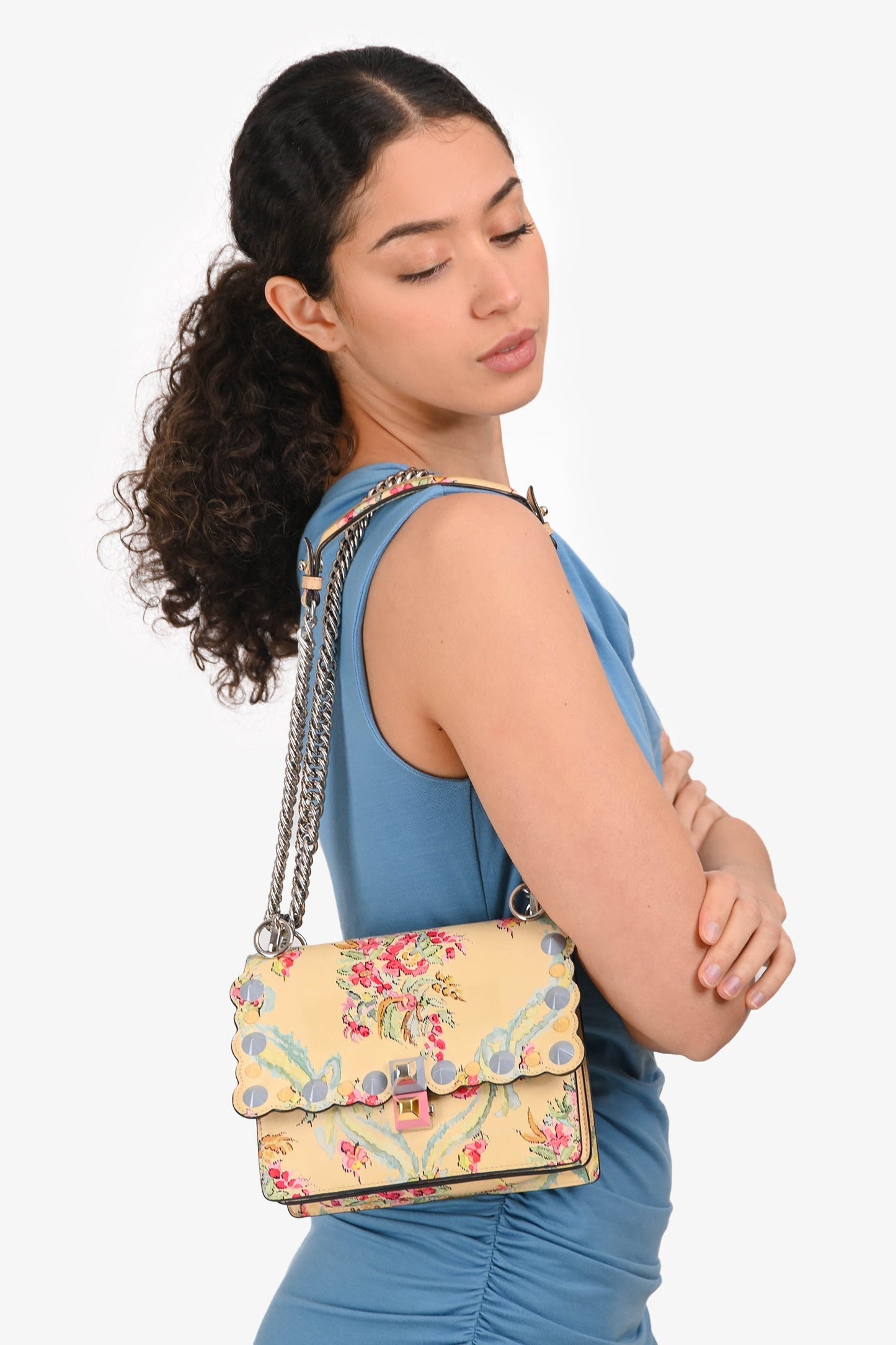 Fendi Yellow Leather Marie Antoinette Print Small Kan I Crossbody Bag