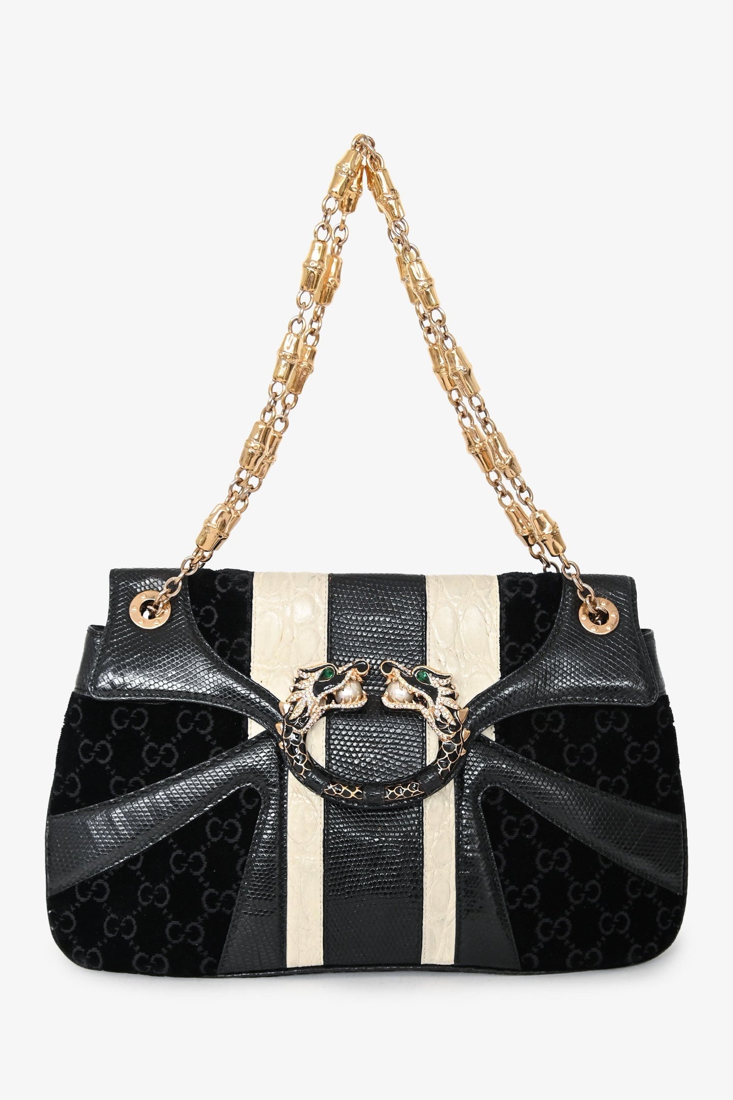 Gucci Black/White Lizard/Velvet Leather Dragon Head Shoulder Bag