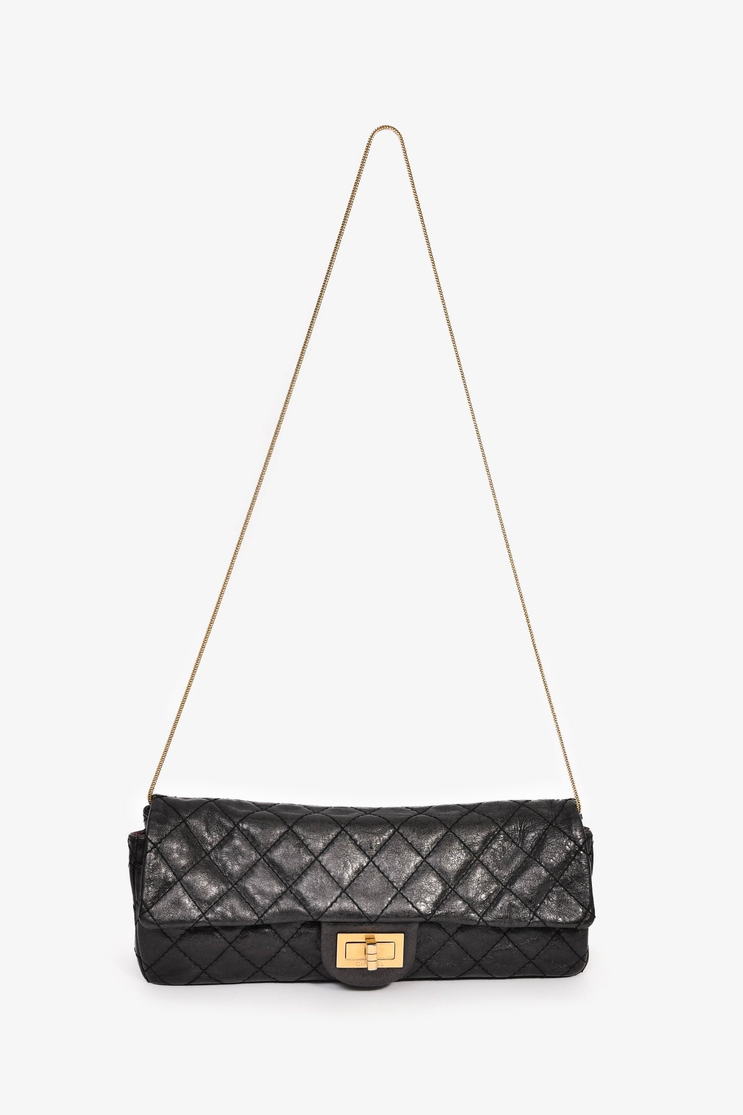Chanel™ 2008/09 Black Quilted Calfskin 2.55 East West Clutch On Chain