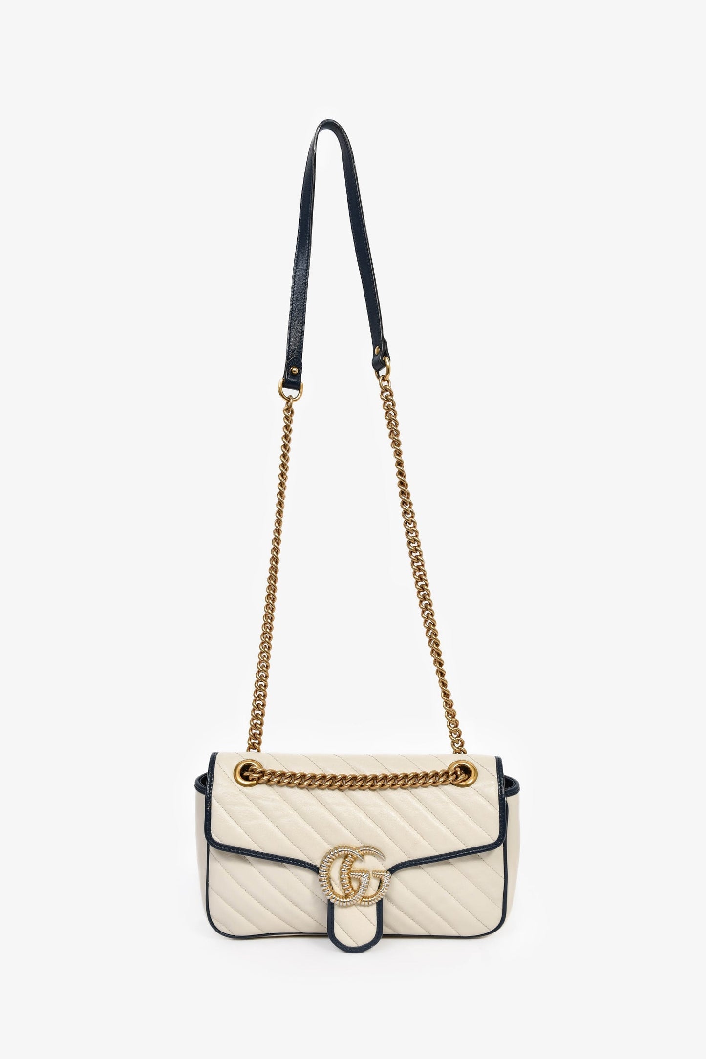 Gucci Cream/Navy Leather Marmont Small Shoulder Bag