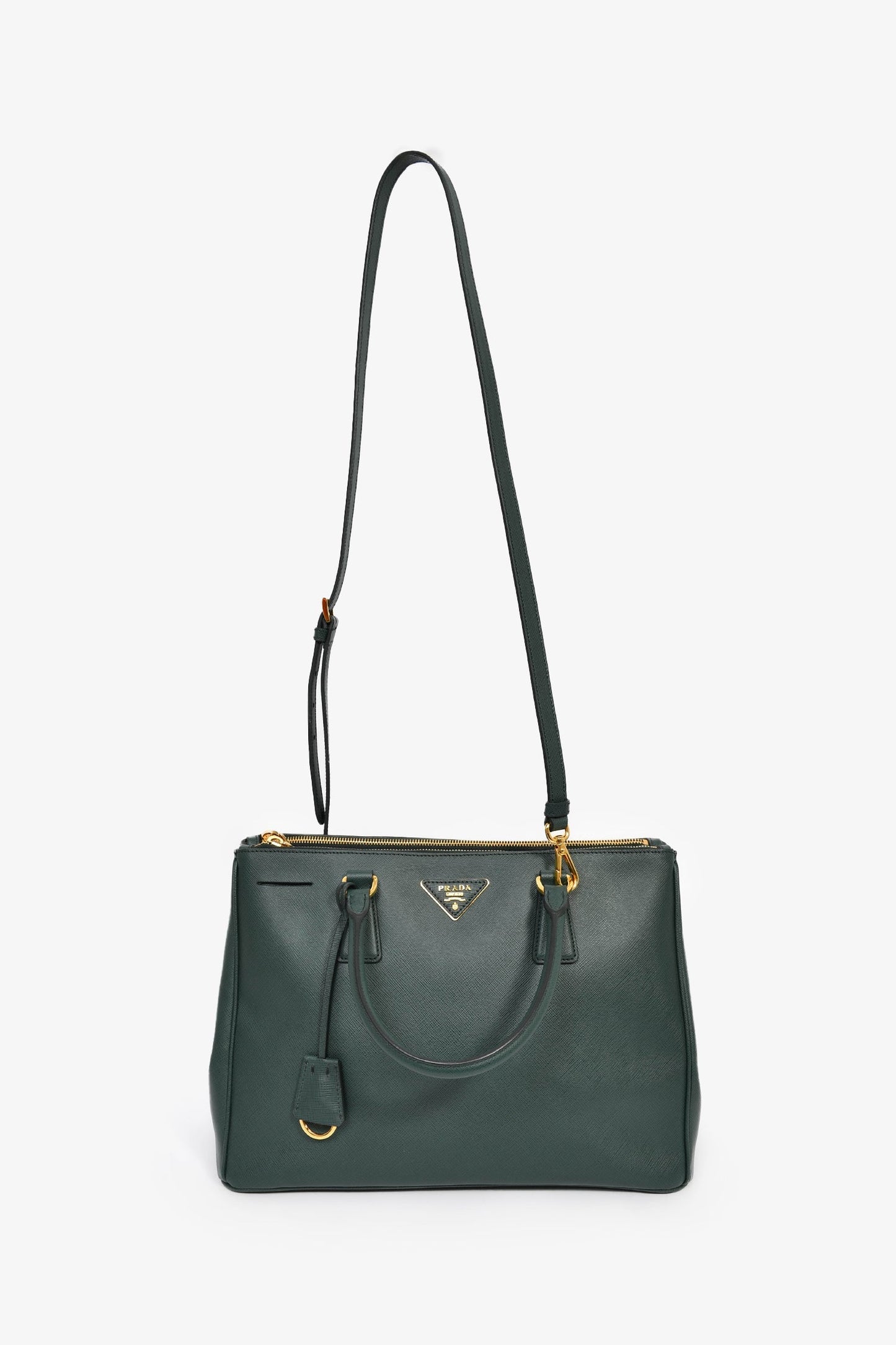 Prada Dark Green Saffiano Leather Double Zip Large Galleria wtih Strap