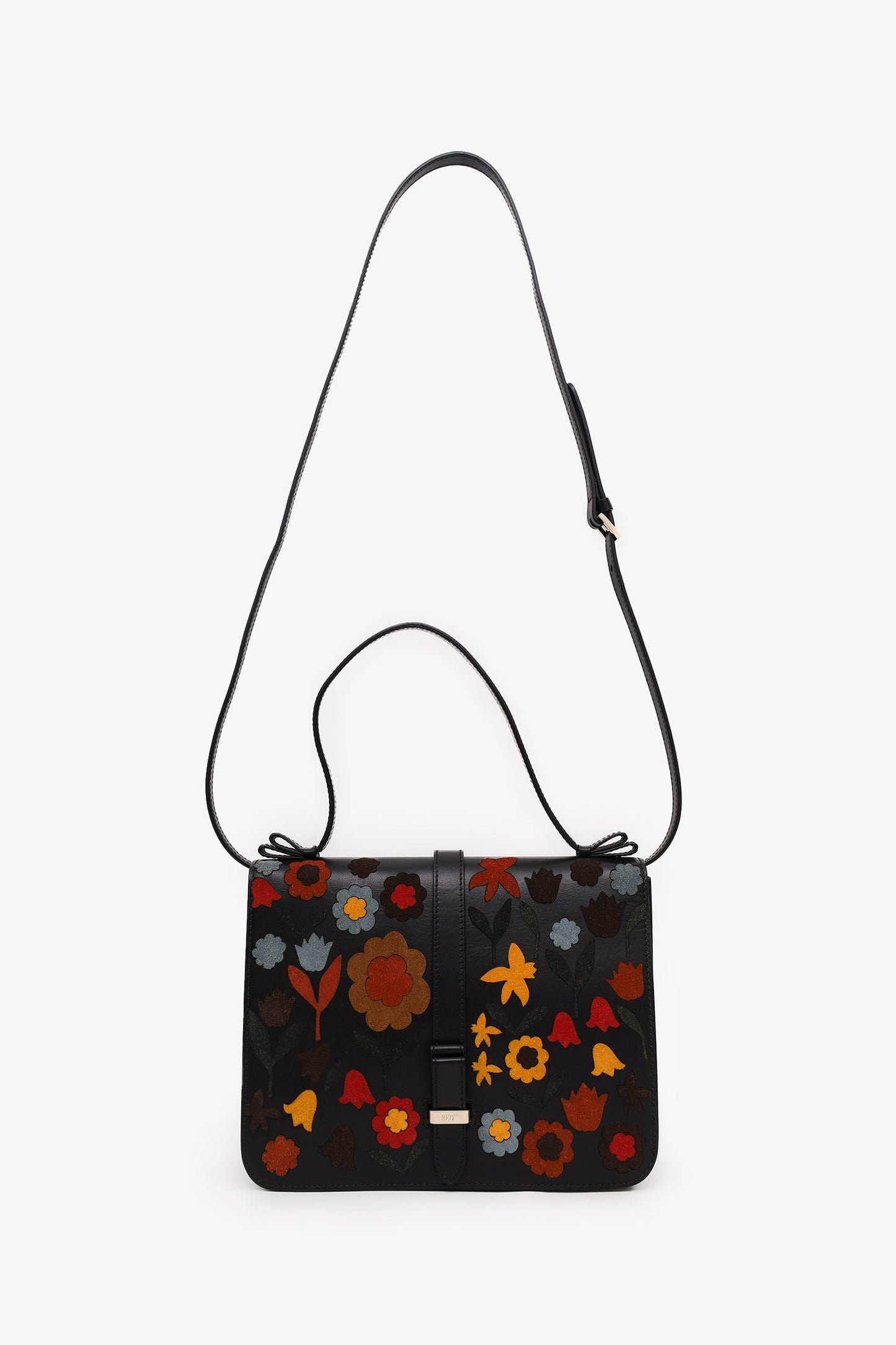 RED Valentino Black Leather Floral Suede Shoulder Bag With Strap