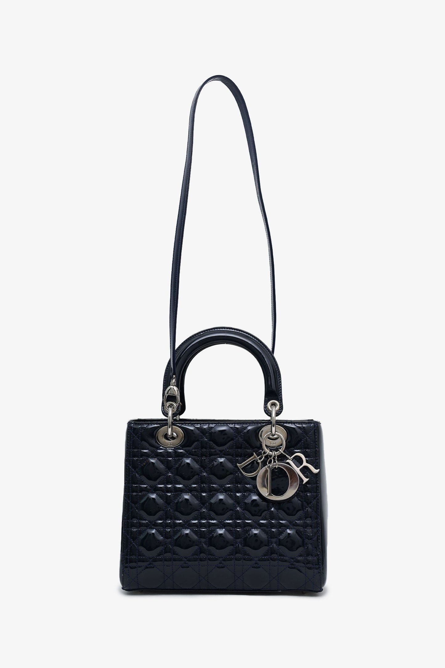 Christian Dior 2010 Navy Patent Leather Medium Lady Dior With Strap