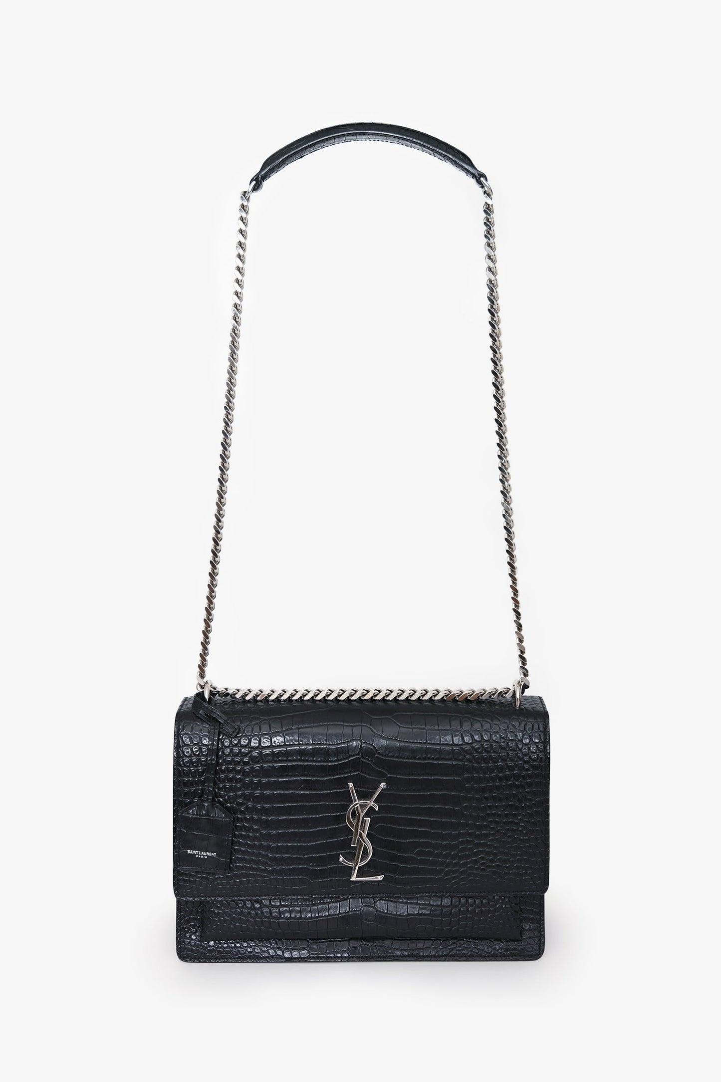 Yves Saint Laurent Black Embossed Croc Leather Medium Sunset Shoulder Bag