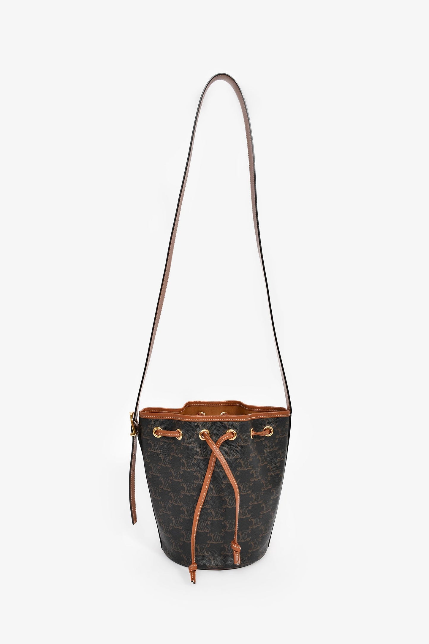 Celine Brown Triomphe Monogram Canvas Small Drawstring Bucket Bag