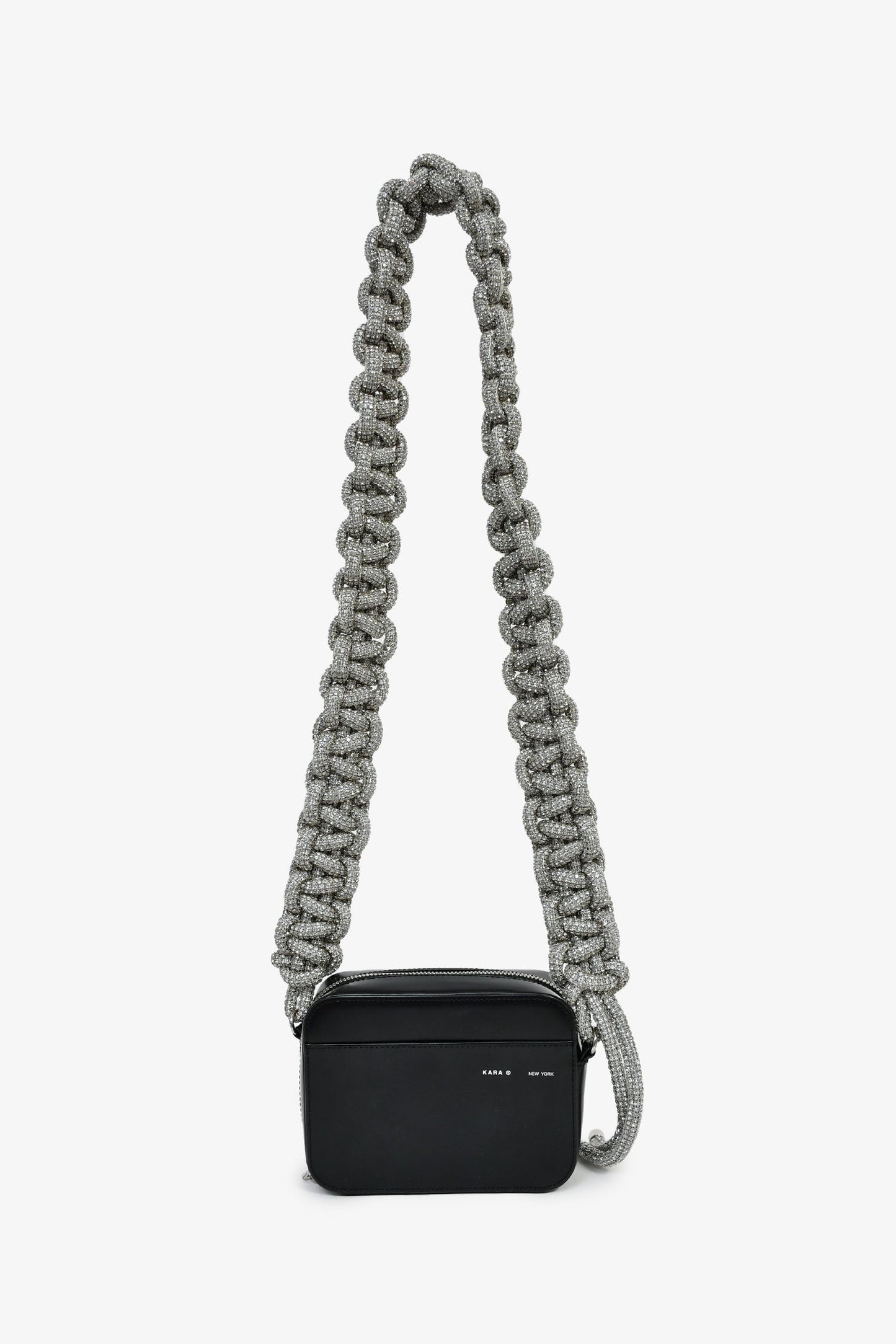 Kara Black Leather 'Cobra' Crossbody Bag With Crystal Embellished Strap