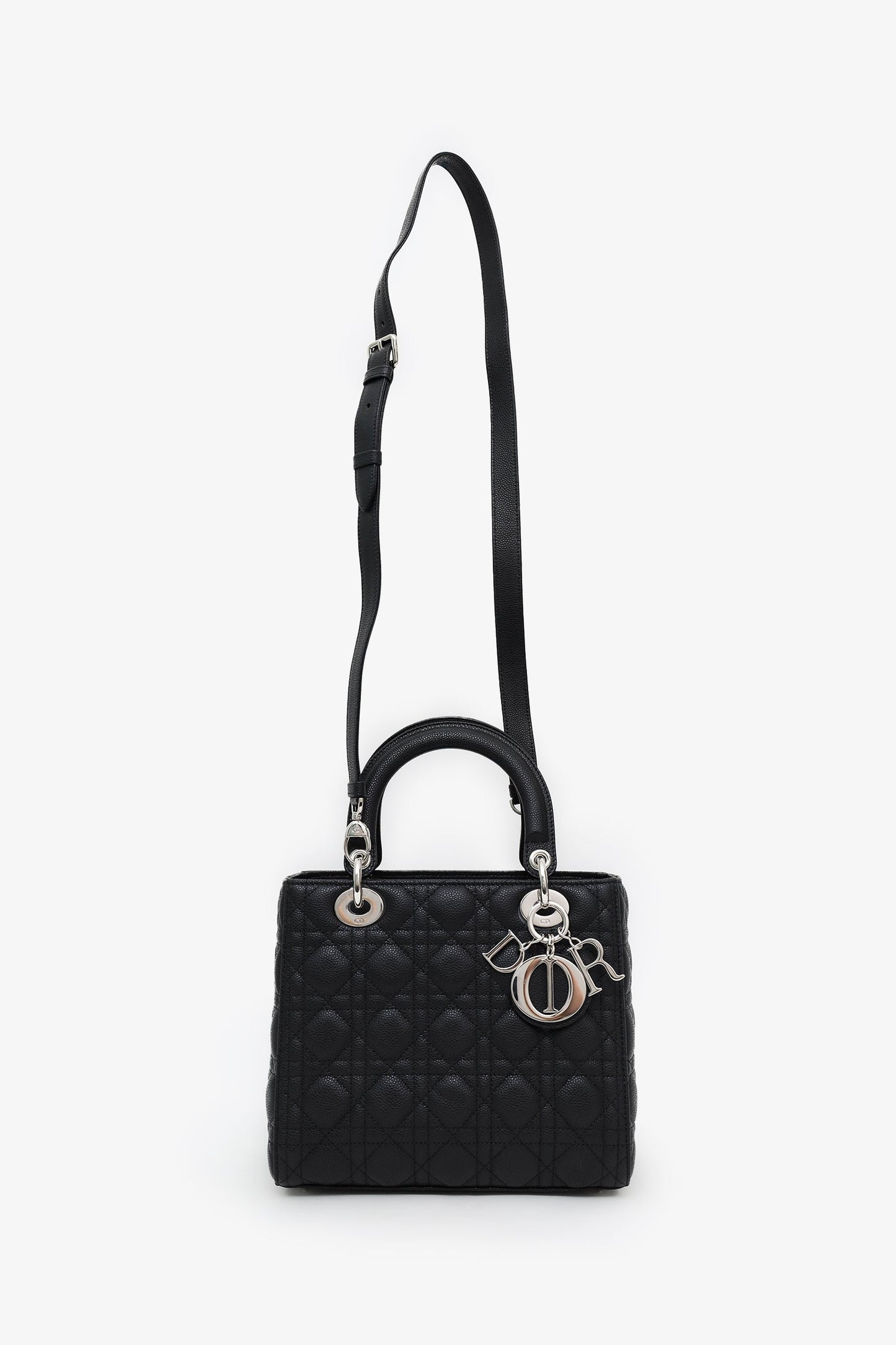 Christian Dior 2023 Black Grained Cannage Calfskin Medium Lady Dior Bag With Strap