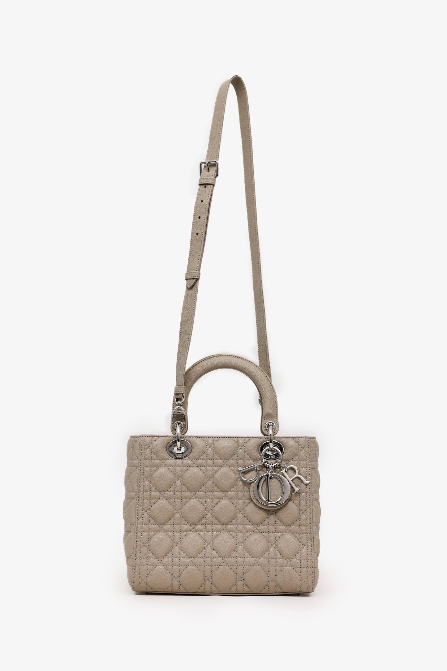 Christian Dior 2022 Taupe Grained Cannage Calfskin Medium Lady Dior Bag With Strap