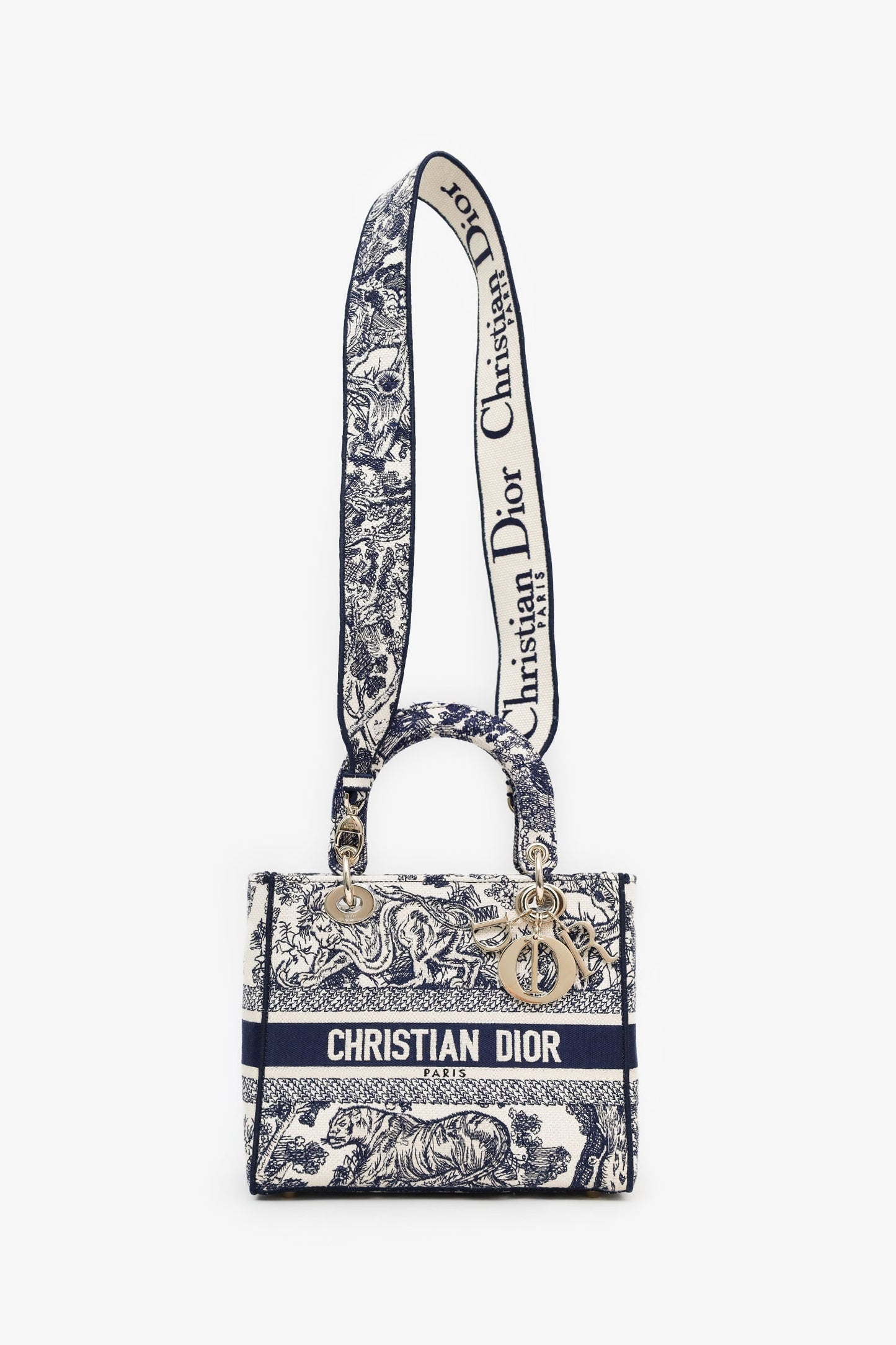 Christian Dior 2022 Navy/White Jacquard D-Lite Medium Top Handle With Strap