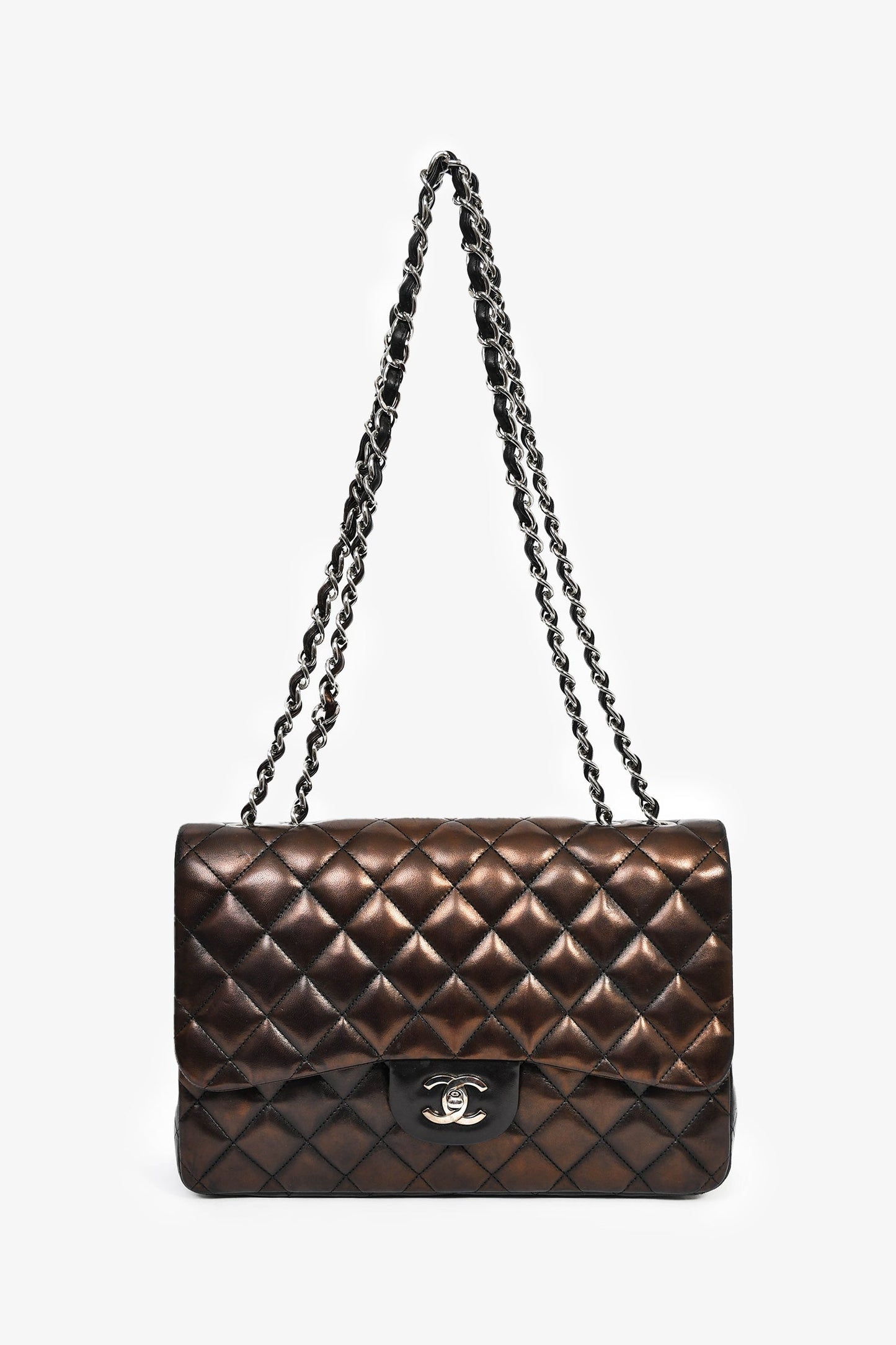 Chanel™ 2009/2010 Brown/Black Lambskin Leather Metallic Single Flap Jumbo Bag