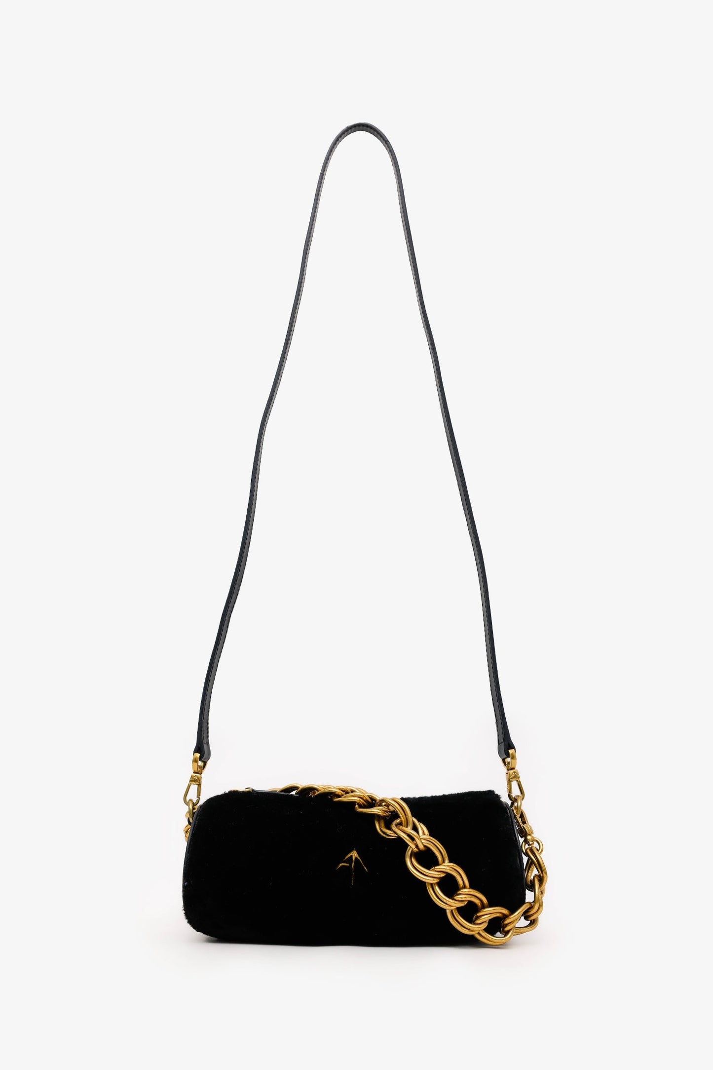 Manu Atelier Black/Shearling 'XX Mini Cylinder' Bag With Strap