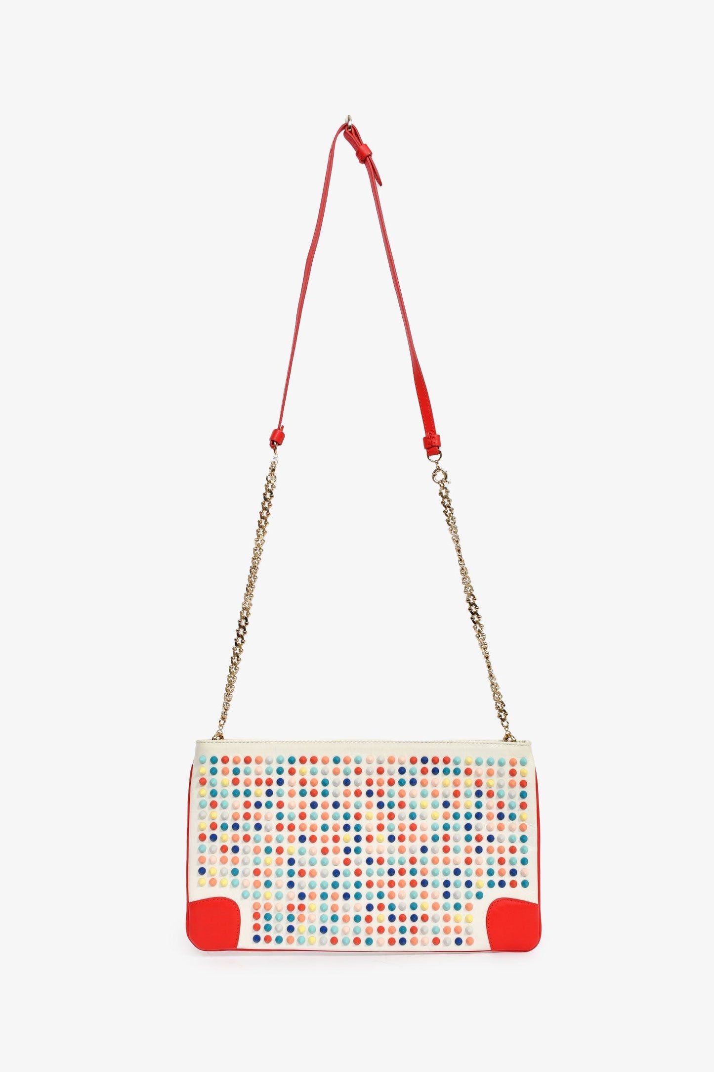 Christian Louboutin White/Red Leather Multicoloured Studded Clutch With Chain