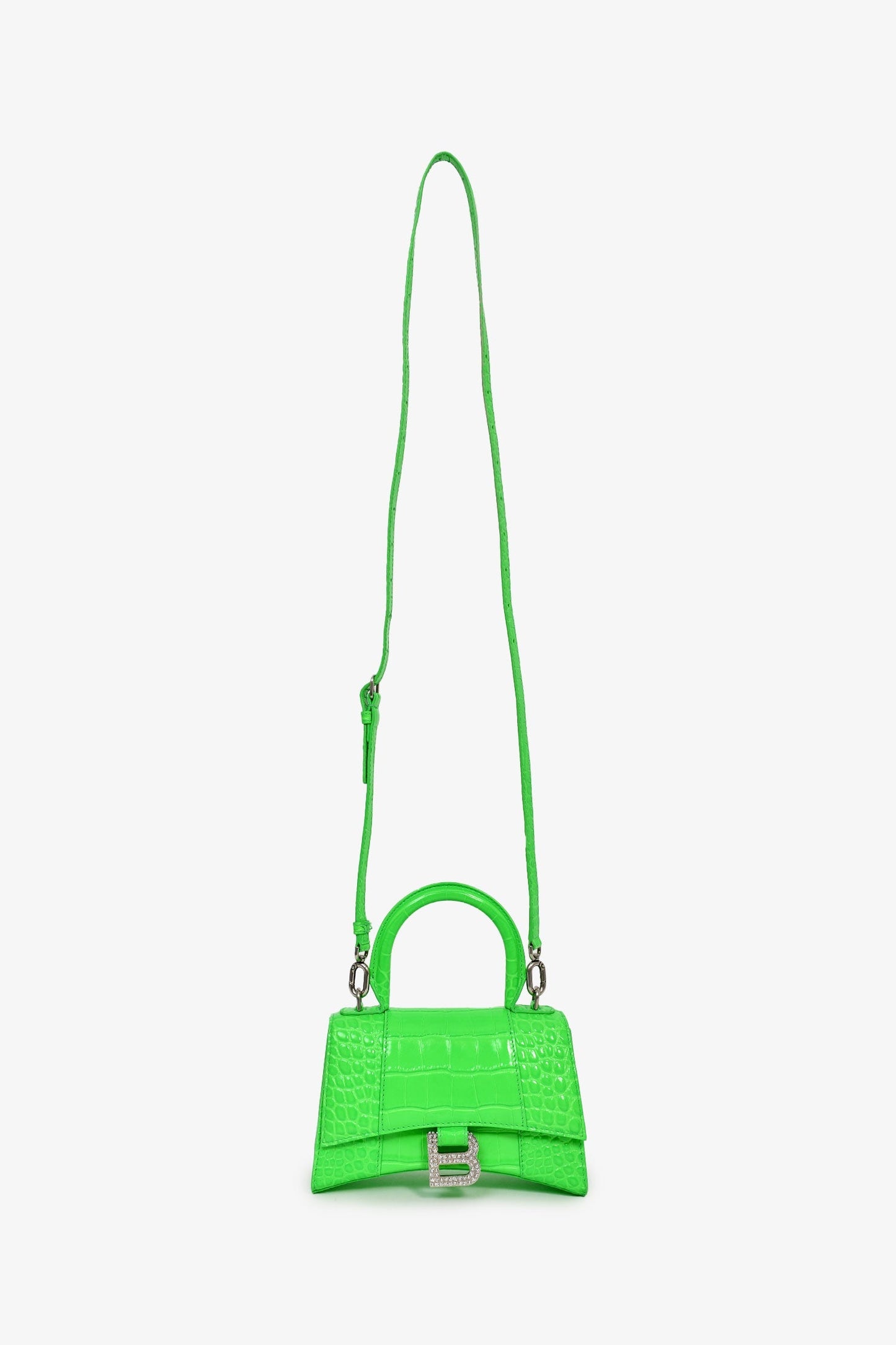 Balenciaga Green Croc Embossed Embellished XS Hourglass Top Handle Bag With Strap