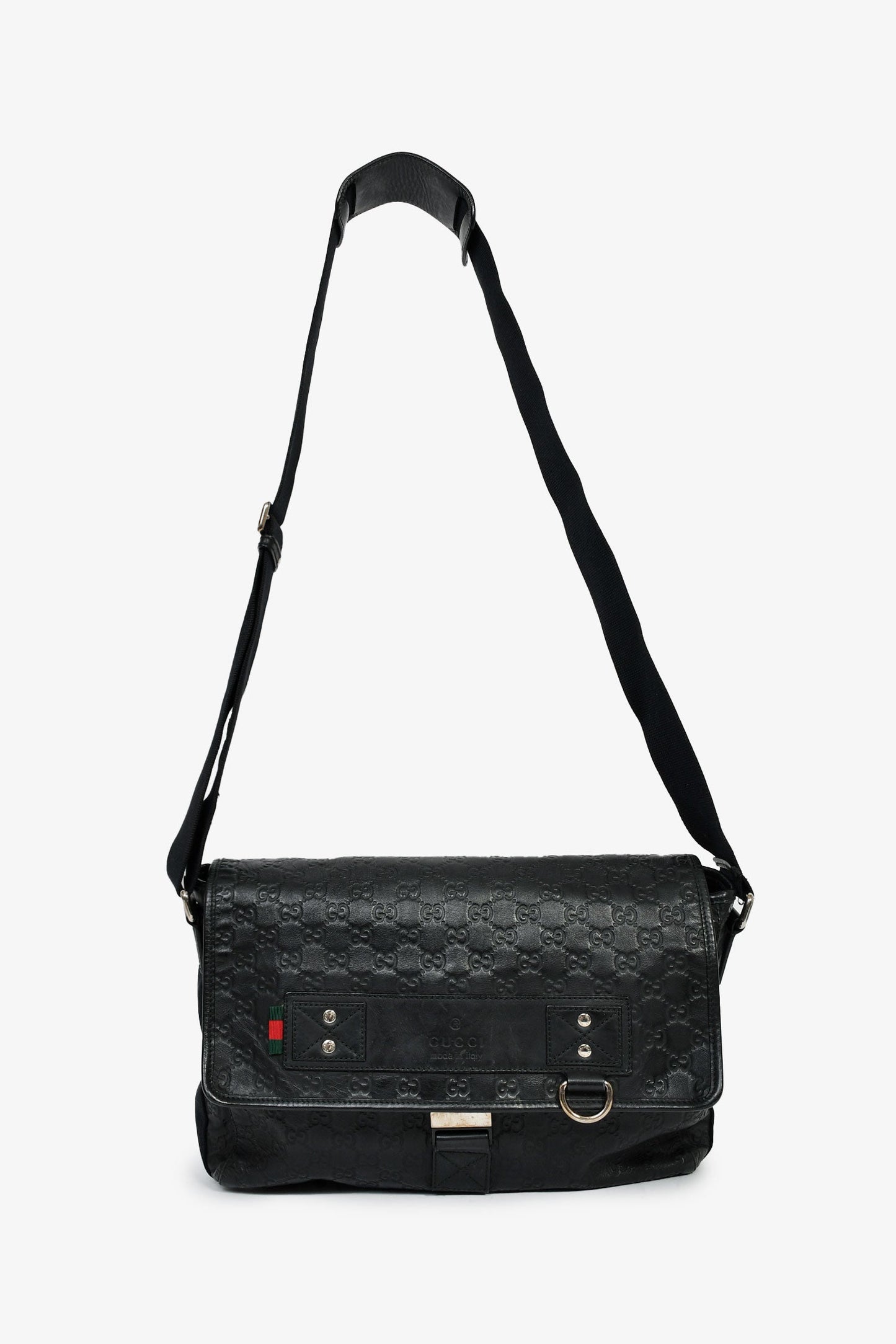 Gucci Black Leather GG Web Detail 'Guccissima' Messenger Bag