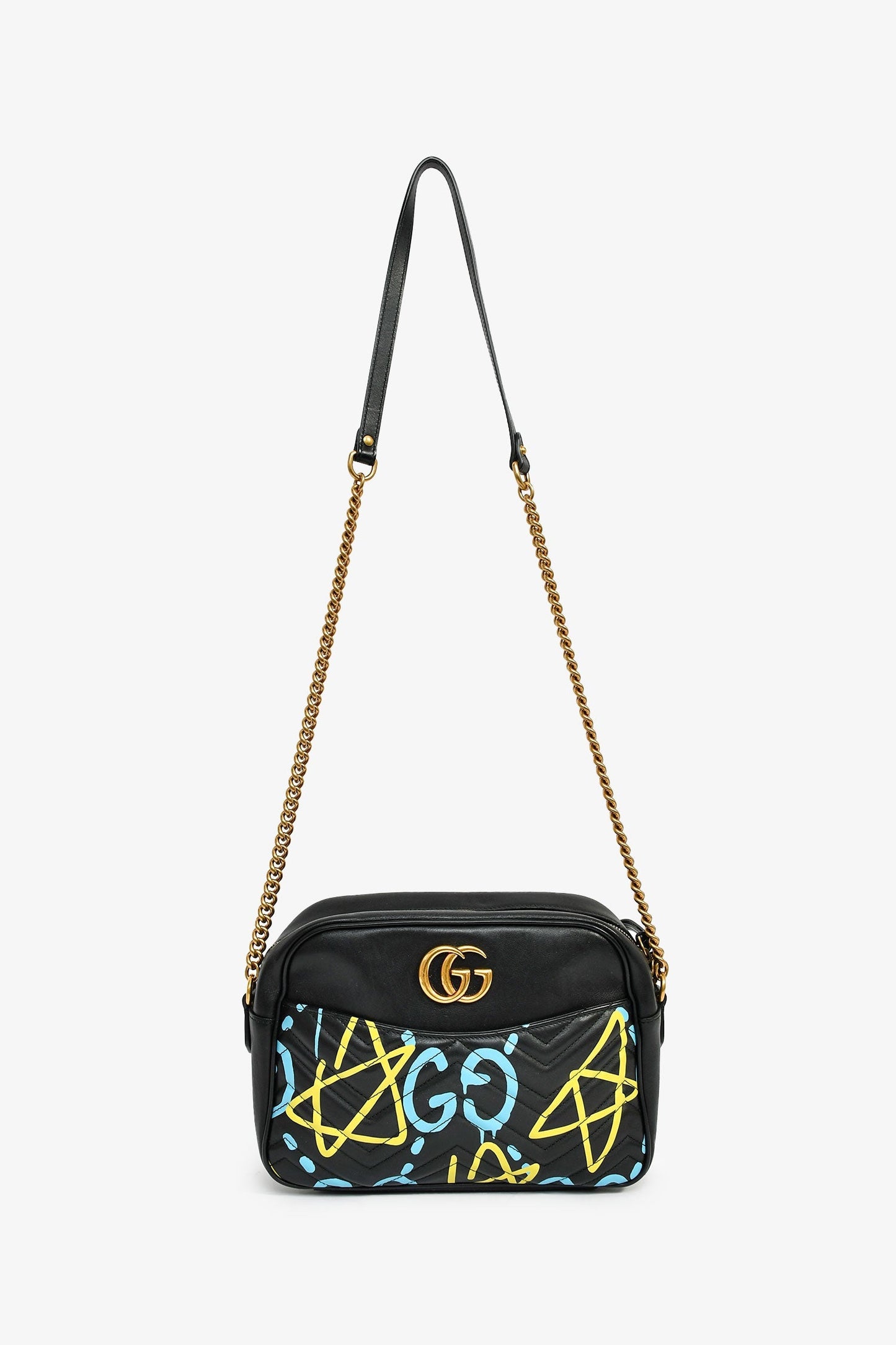 Gucci Black Leather GG Marmont Ghost Large Graffiti Shoulder Bag