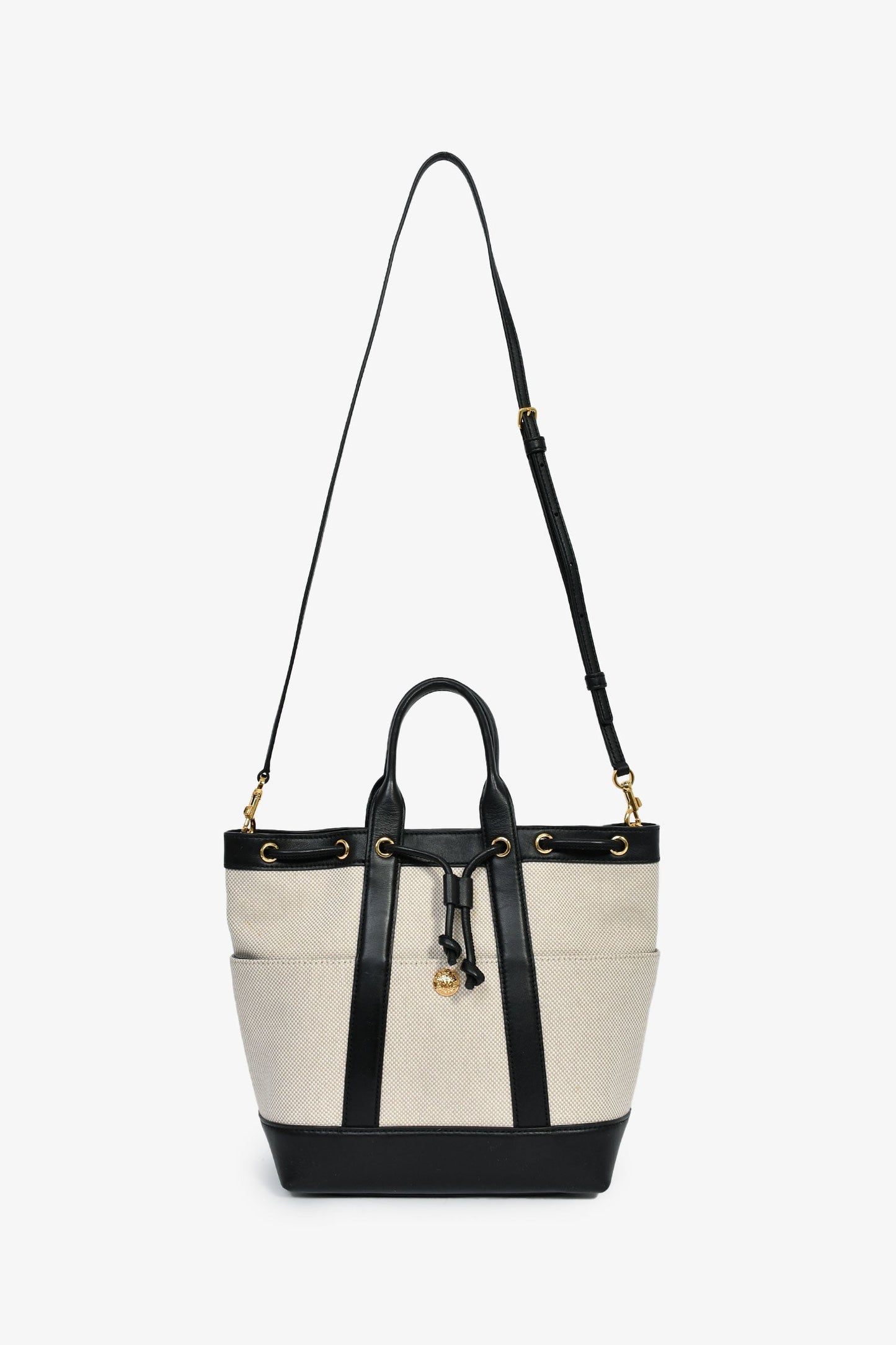 Veronica Beard Beige Canvas/Black Leather Tote With Strap