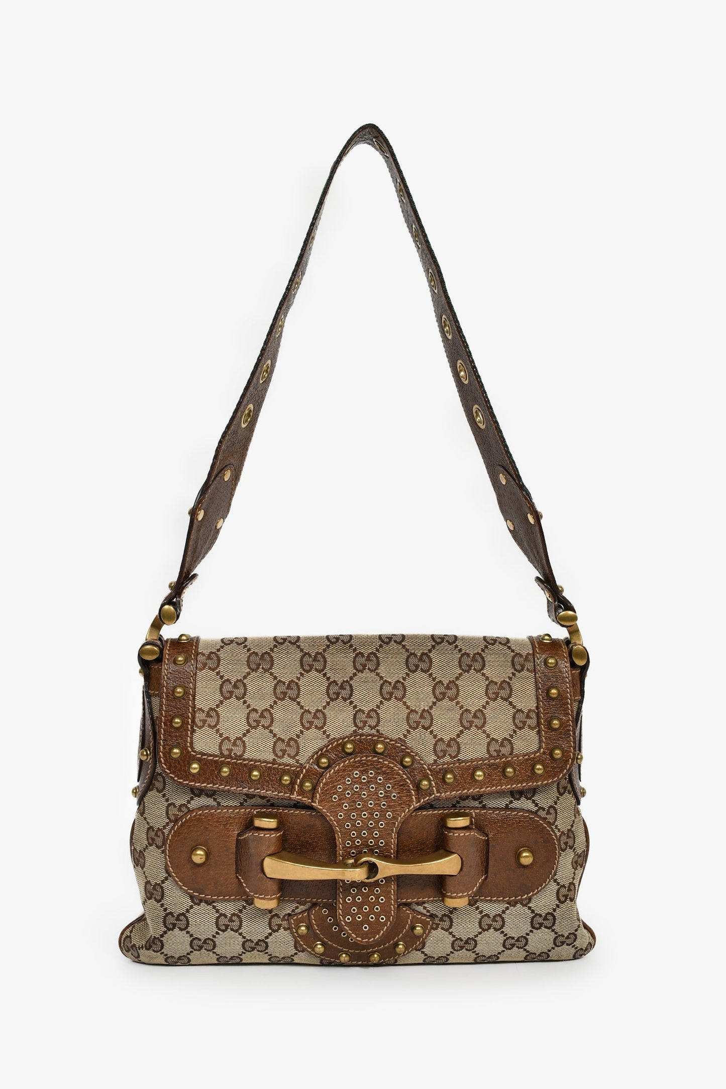 Gucci Beige/Brown GG Canvas Leather Studded Pelham Web Shoulder Bag