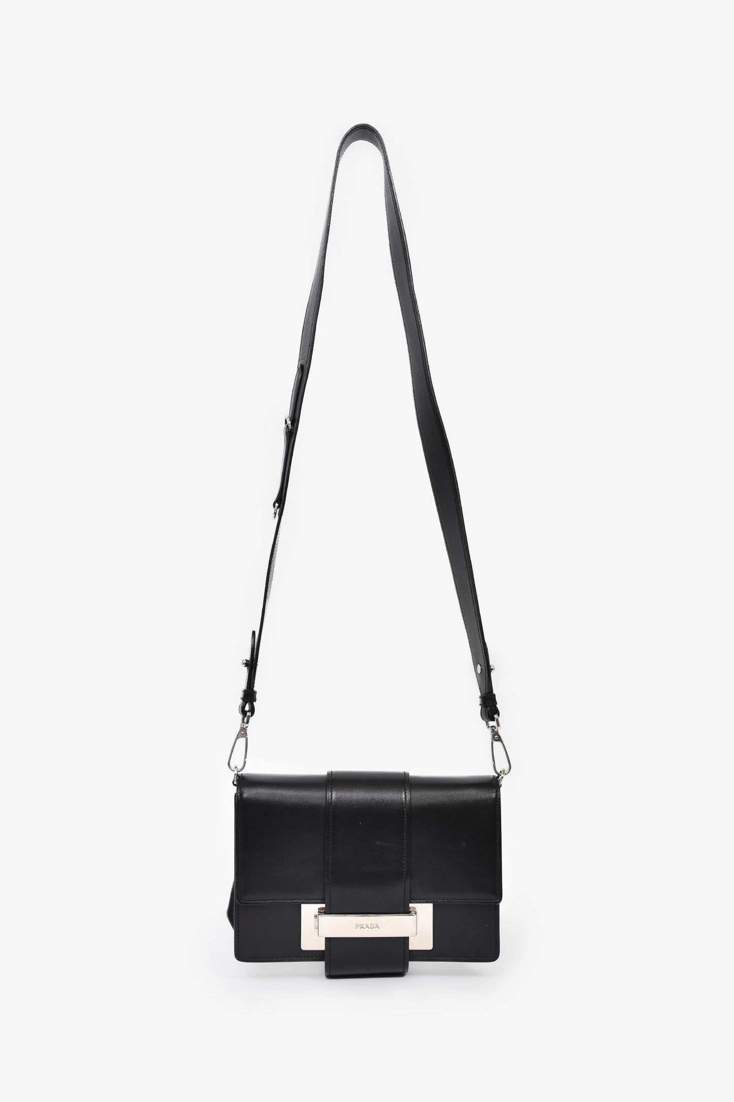 Prada Black Leather Ribbon Metal Logo Shoulder Bag