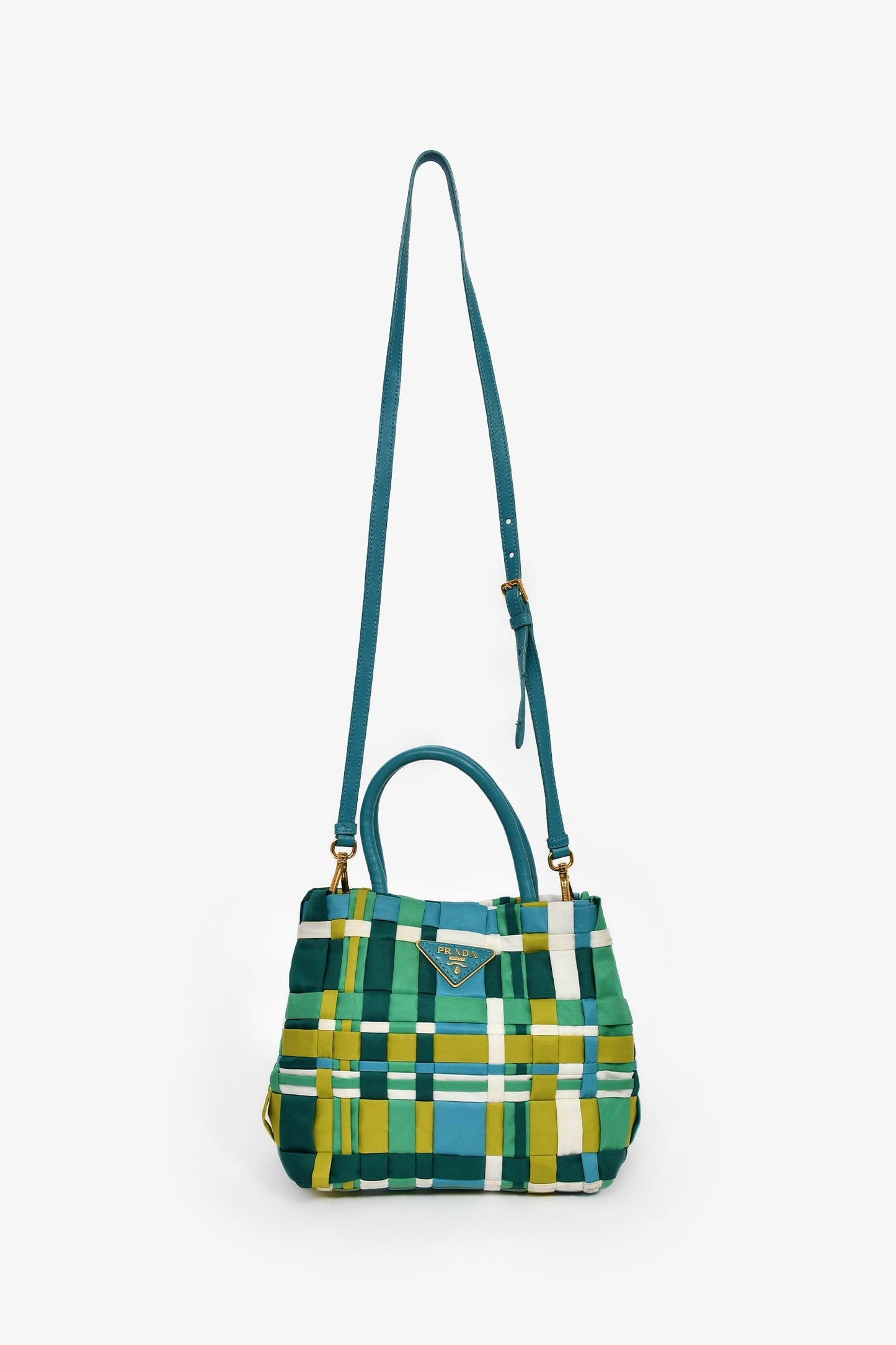 Prada Blue/Green Nylon Gold Grommet Woven Bag With Strap