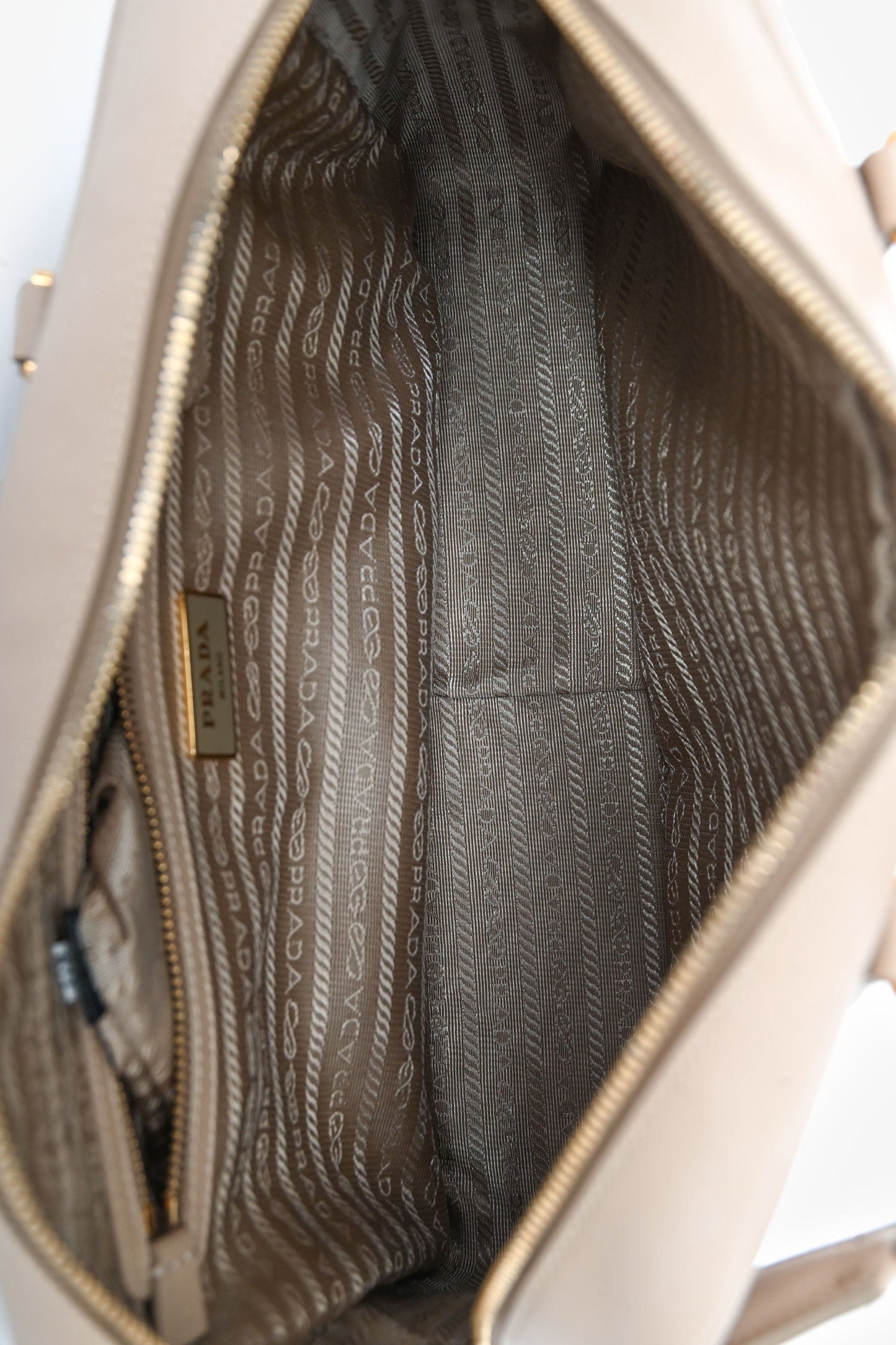 Prada Beige Saffiano Leather Lux Bauletto Top Handle