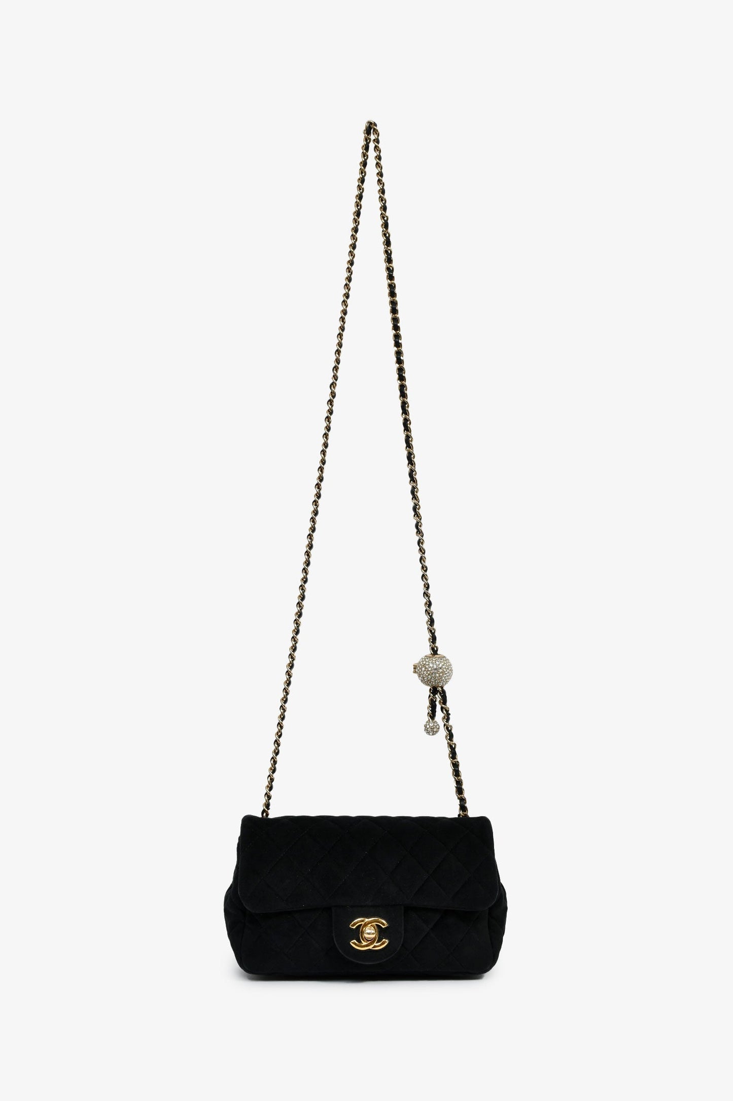 Chanel™ 2019/20 Black Quilted Velvet Crystal Pearl Crush Mini Rectangle Flap Bag