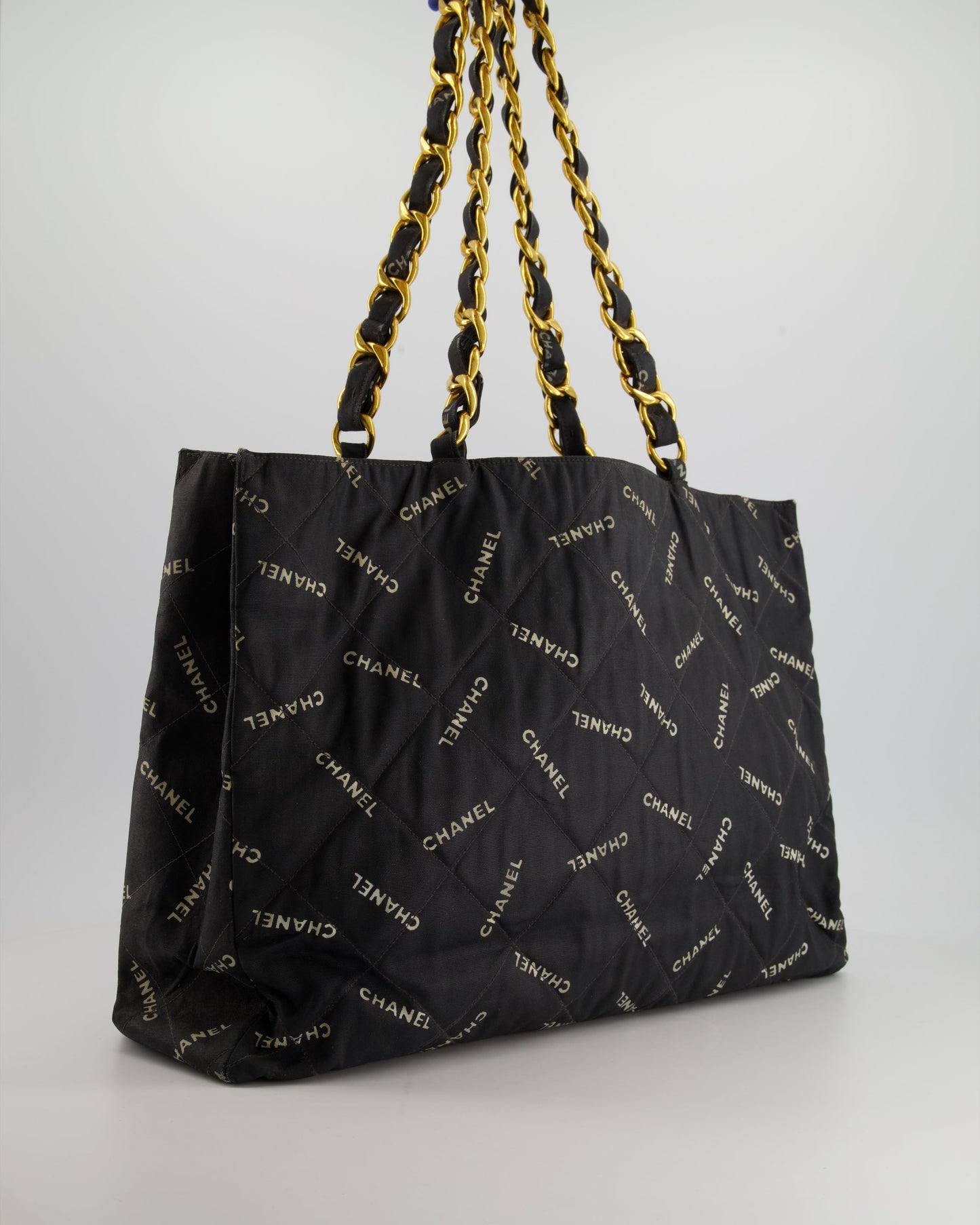 *RARE* Chanel Black Bag in Quilted Canvas Logo Print with Gold Hardware