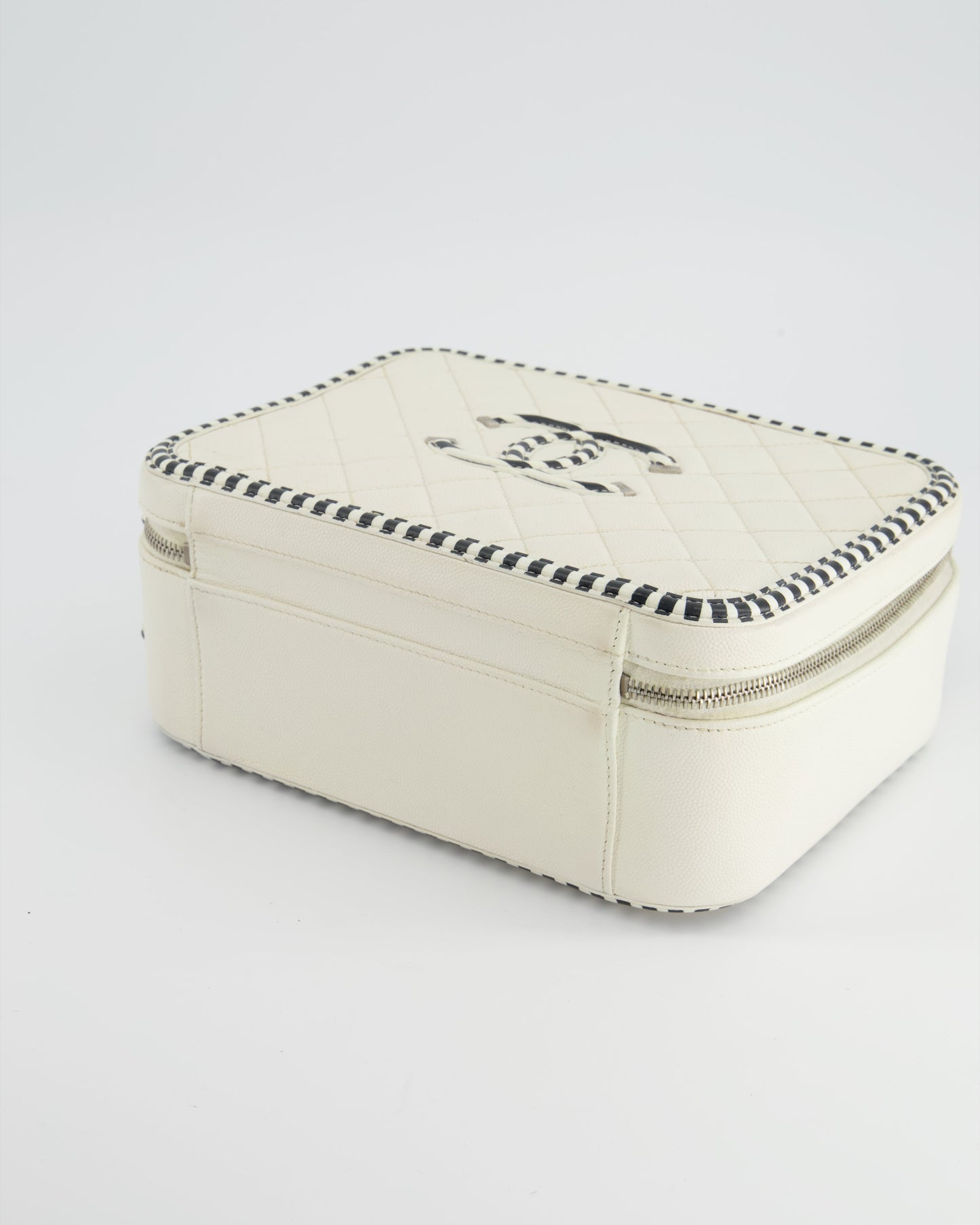 Chanel White Caviar Vanity Case with Zebra Motif CC Logo and Silver Hardware