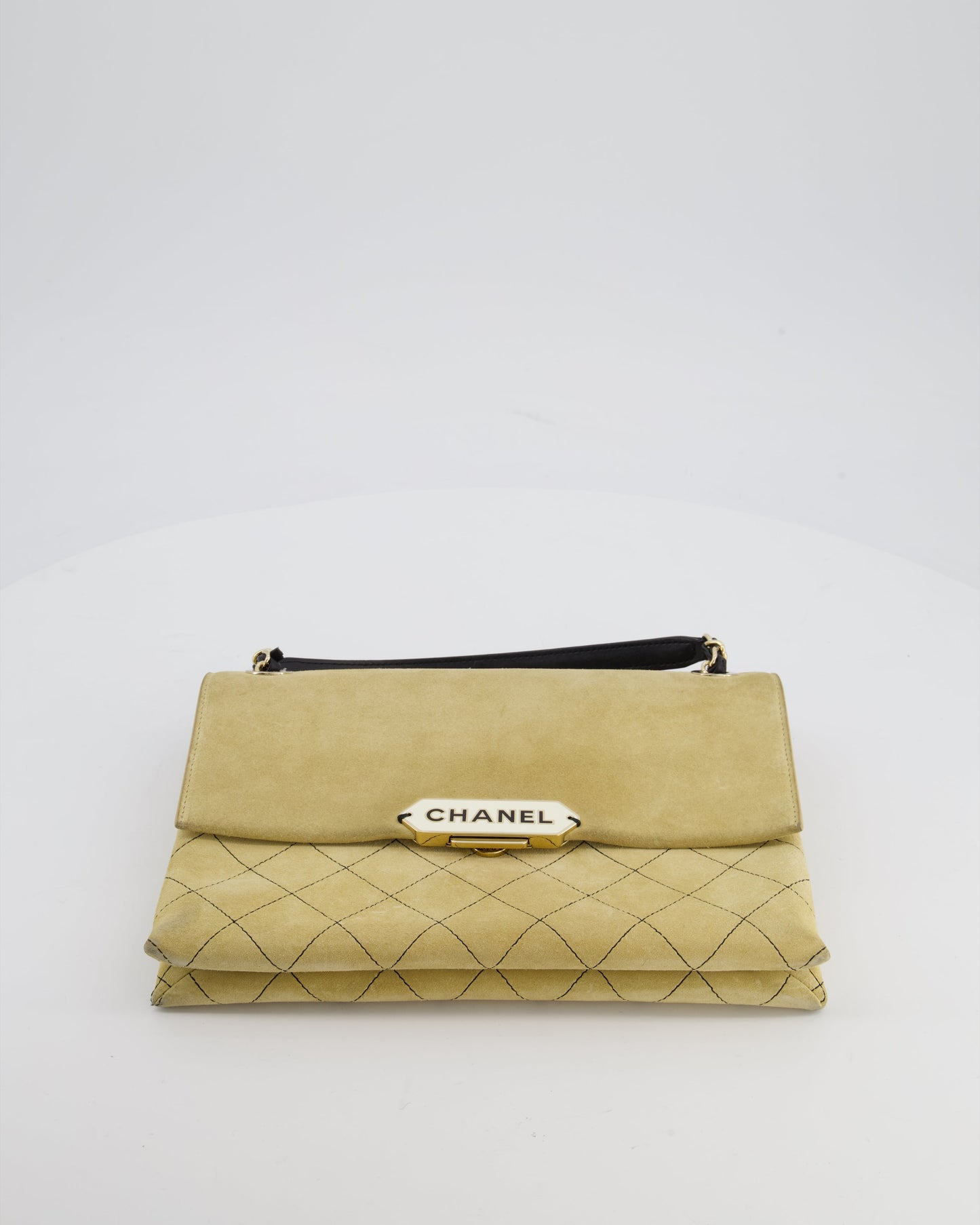 Chanel Beige Retro Label Matelasse Suede Flap Bag with Black Leather Chain & Champagne Gold Hardware