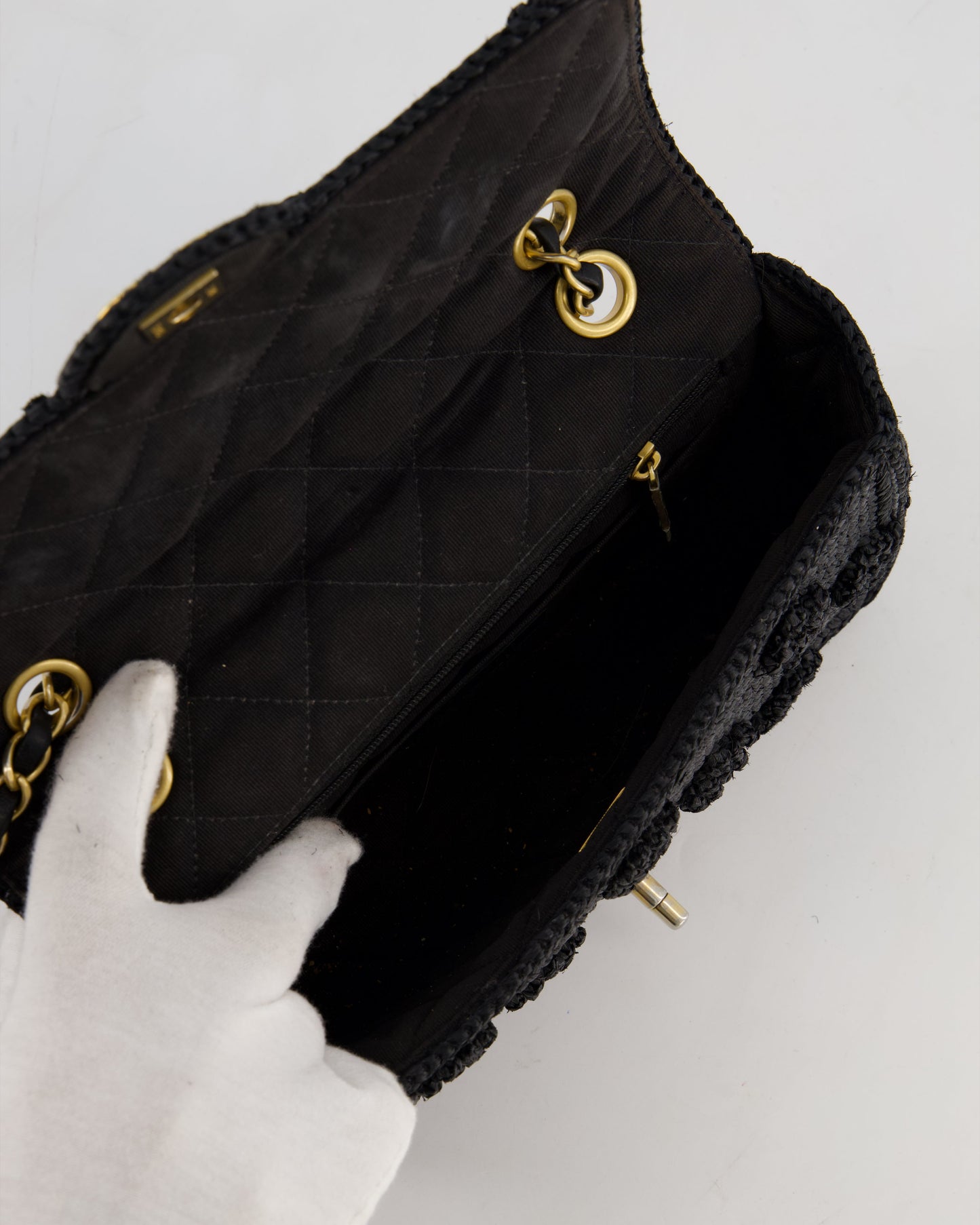 Chanel Black Crocheted Raffia Small Single Flap Cross-Body Bag with Antique Gold Hardware
