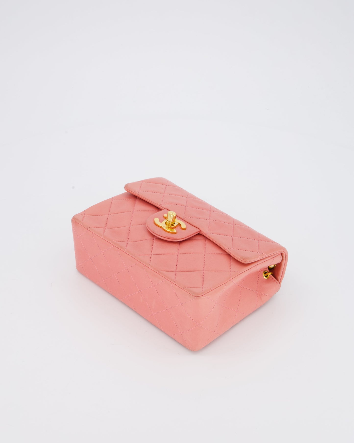 Chanel Pink Mini Square Single Flap Bag In Lambskin Leather With 24K Gold Hardware