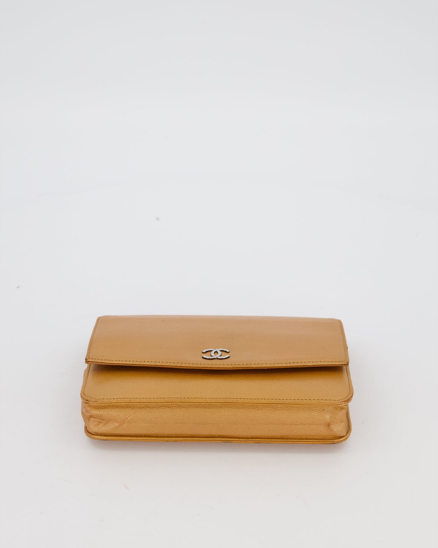 Chanel Gold Wallet on Chain Bag in Sevruga Caviar Leather with Silver Hardware